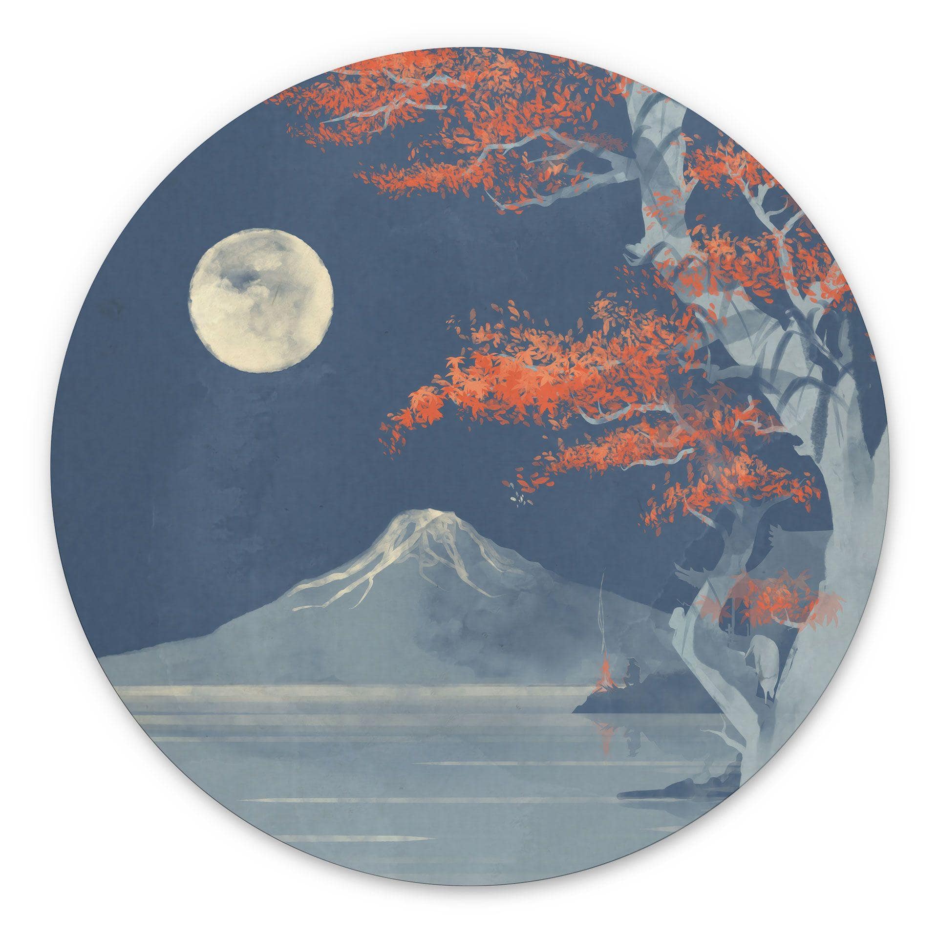 Billede Fuldmåne over toppen af Fuji-san - Roze - rund – print på aluminium (Alu-Dibond)