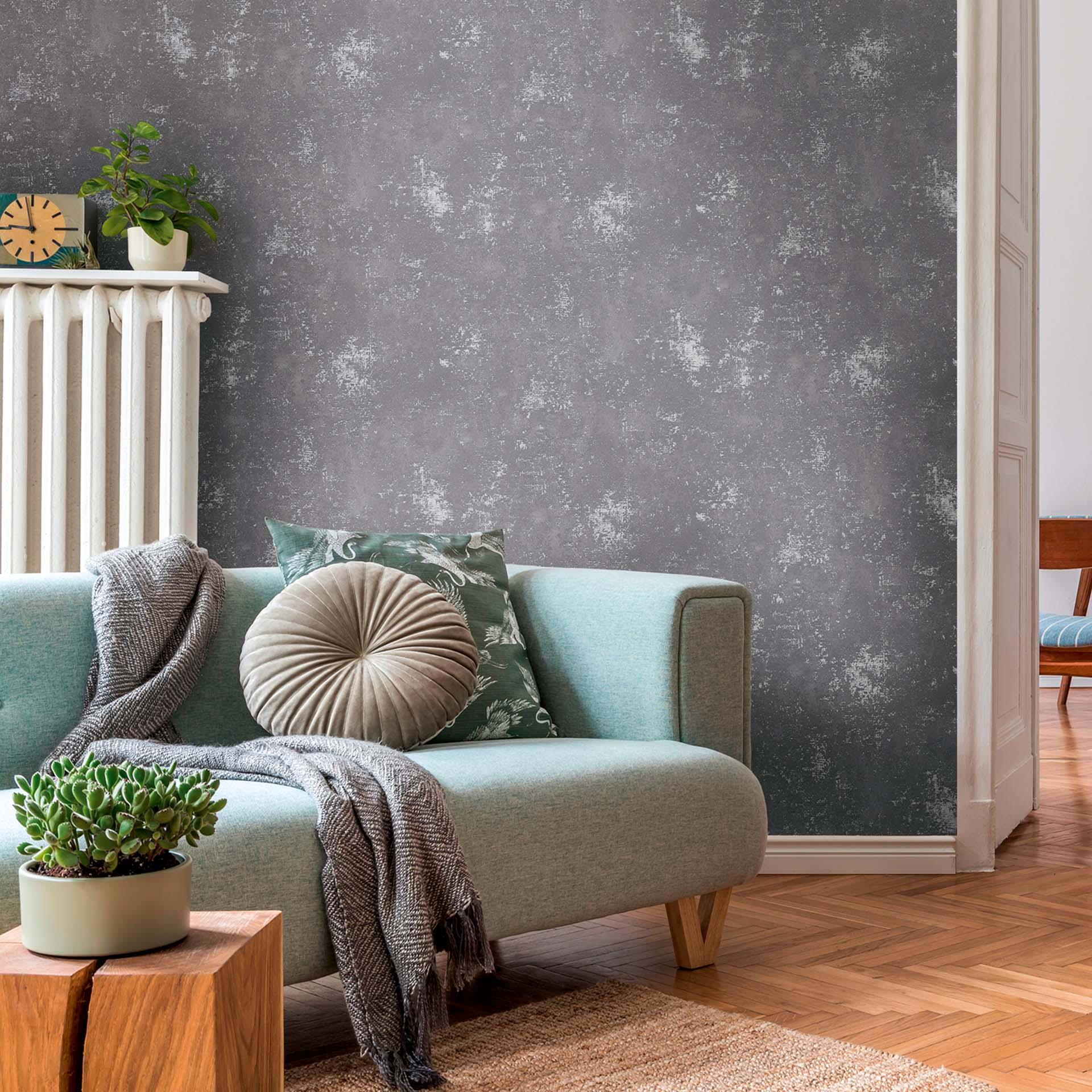 Papel pintado no tejido efecto metalizado gris plata vintage para salón, cocina