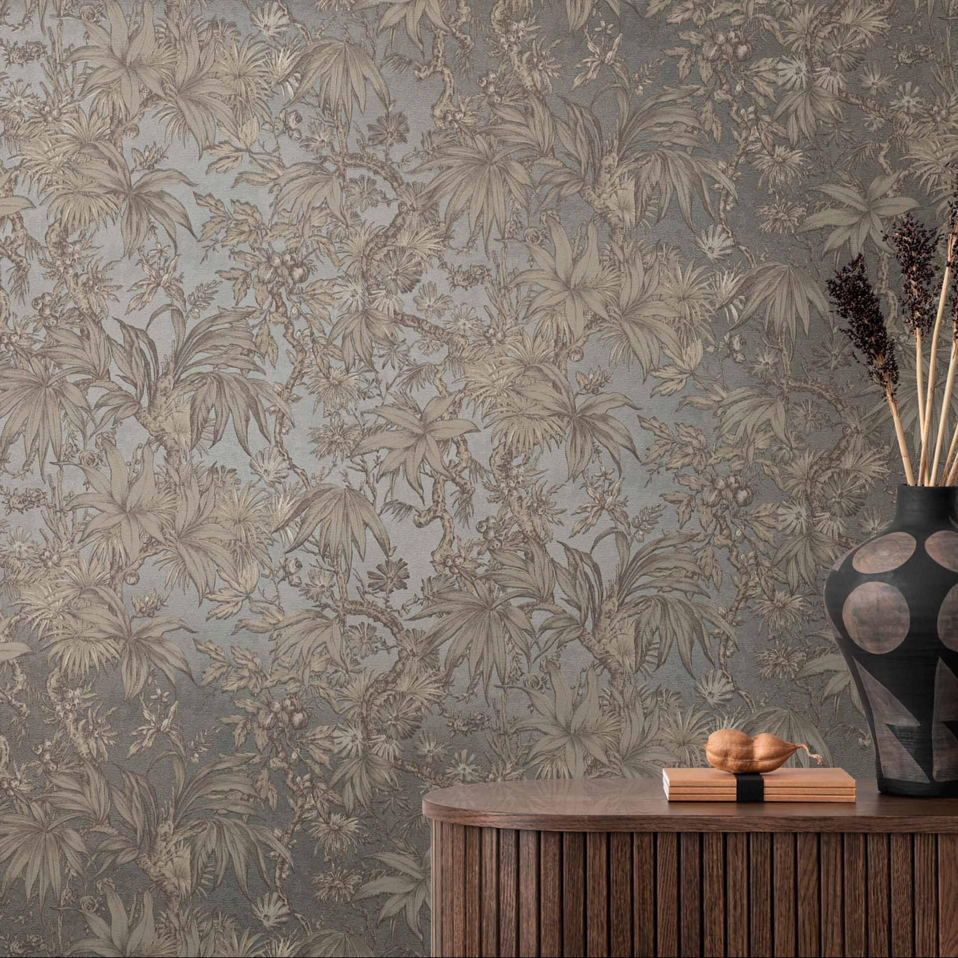 Botanisk tapet blåbrun - eksotisk tapet med mønster - Ikke-vævet tapet