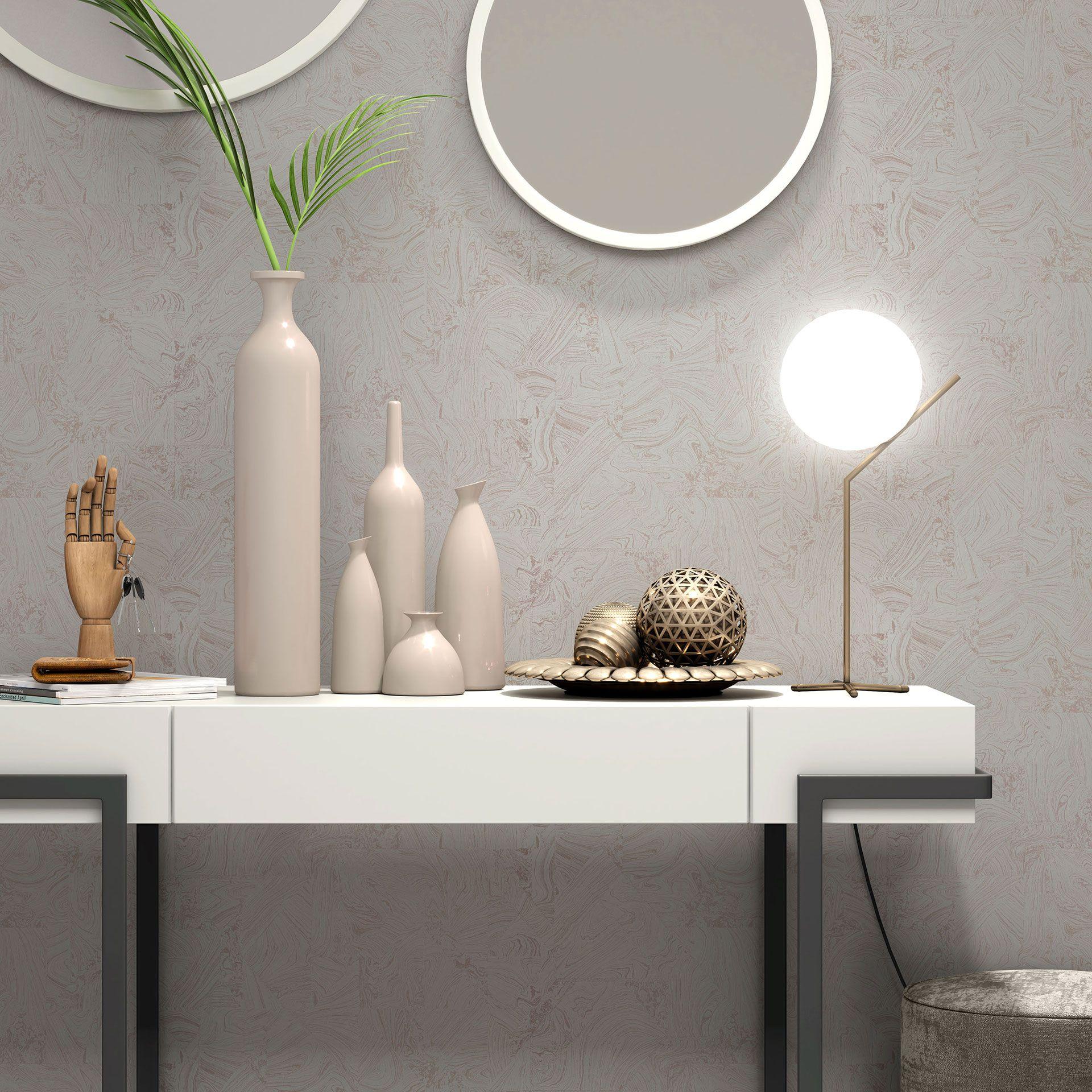 PVC-frit grafisk non-woven tapet med marmorlook og metallisk effekt i taupe