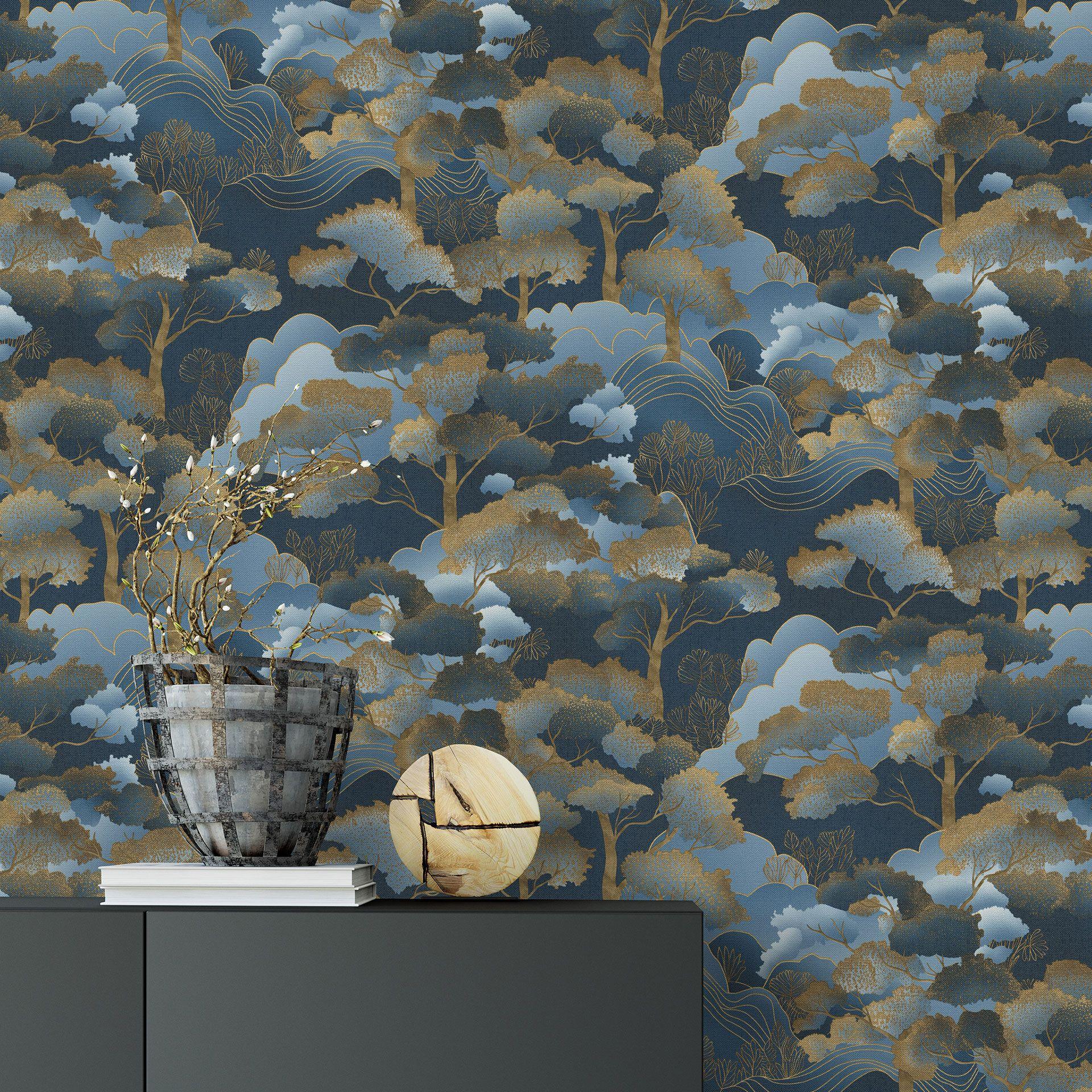 Non-woven tapet GOLDEN GROVE Elle Decoration 4, blå