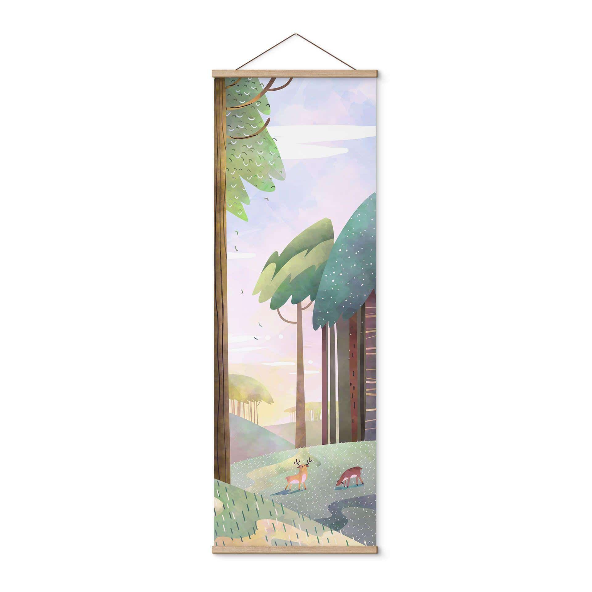 Póster de tela Bosque soleado con ciervos - DigitalArtsi - Panorama