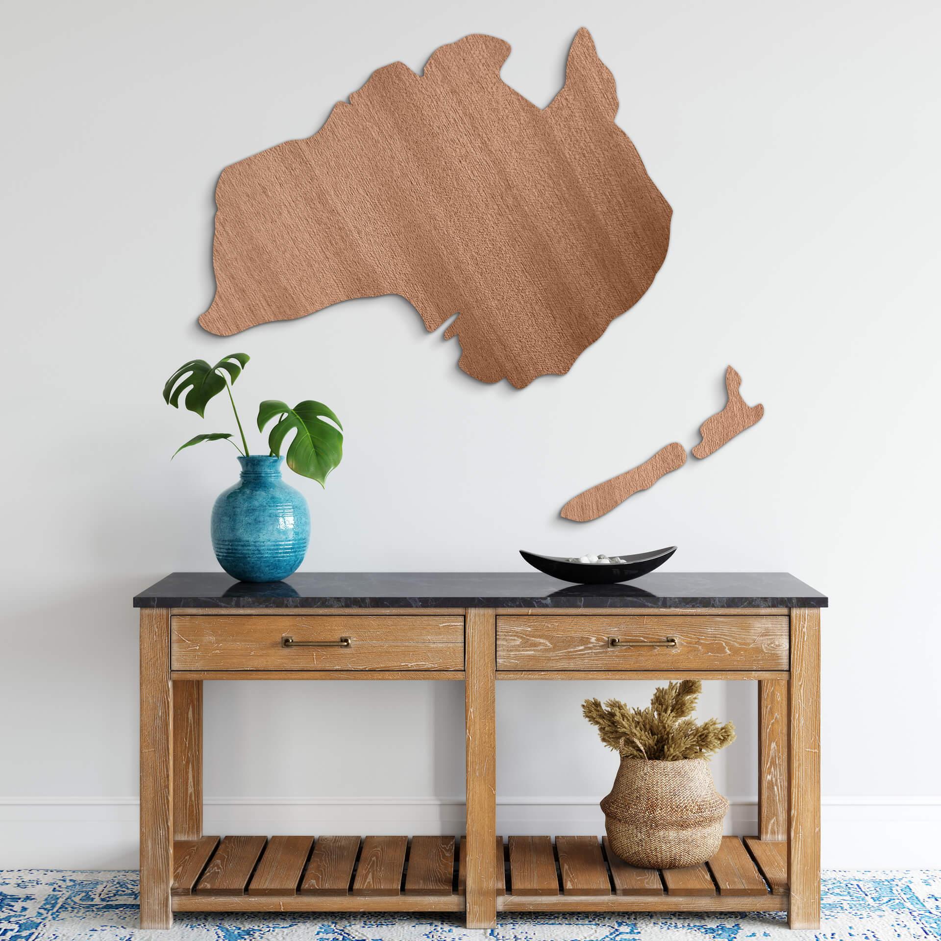 Decoración en madera caoba - Mapa Australia - Nueva Zelanda