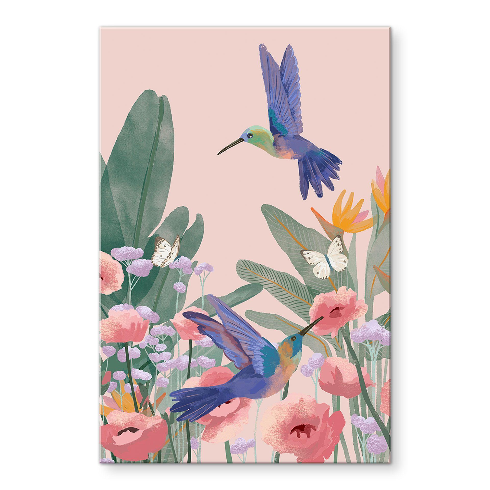 Akrylbillede To kolibrier på den farverige blomstereng - Goed Blauw