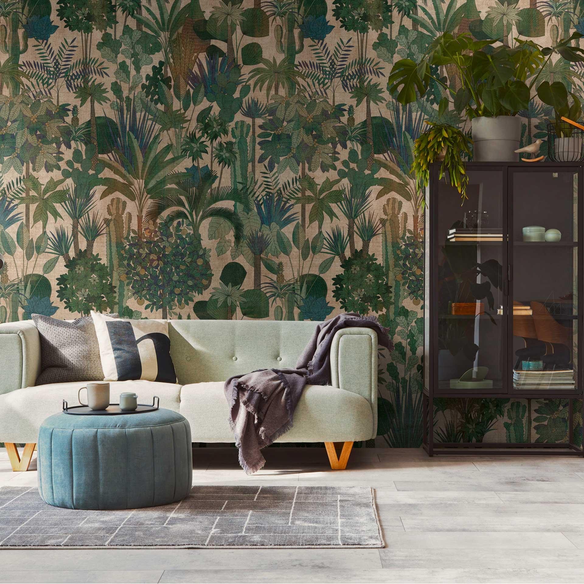 Jungle grøn beige - non-woven tapet med plantemotiv - eksotisk design