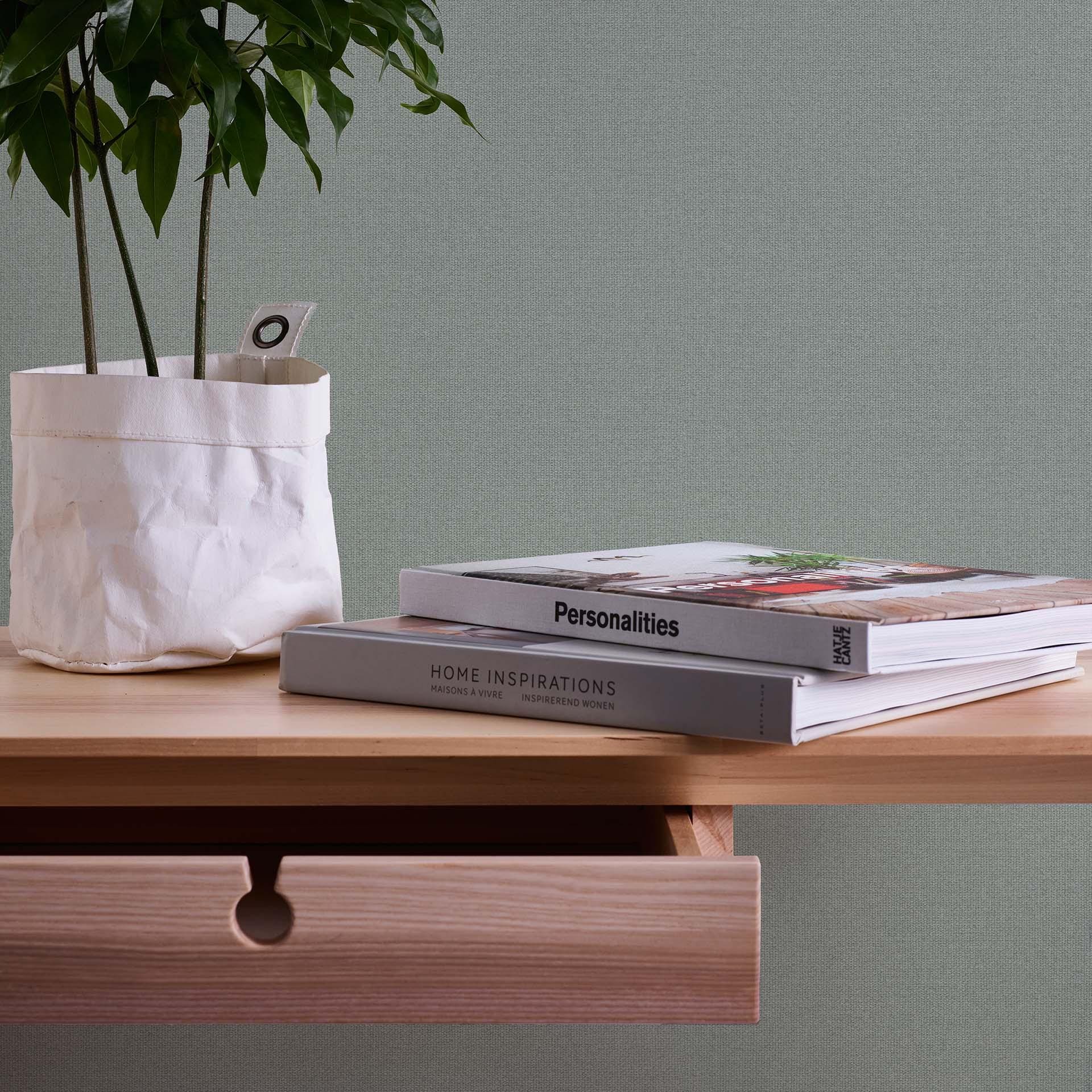 tapet grøn ensfarvet stof-optik - moderne non-woven tapet køkken