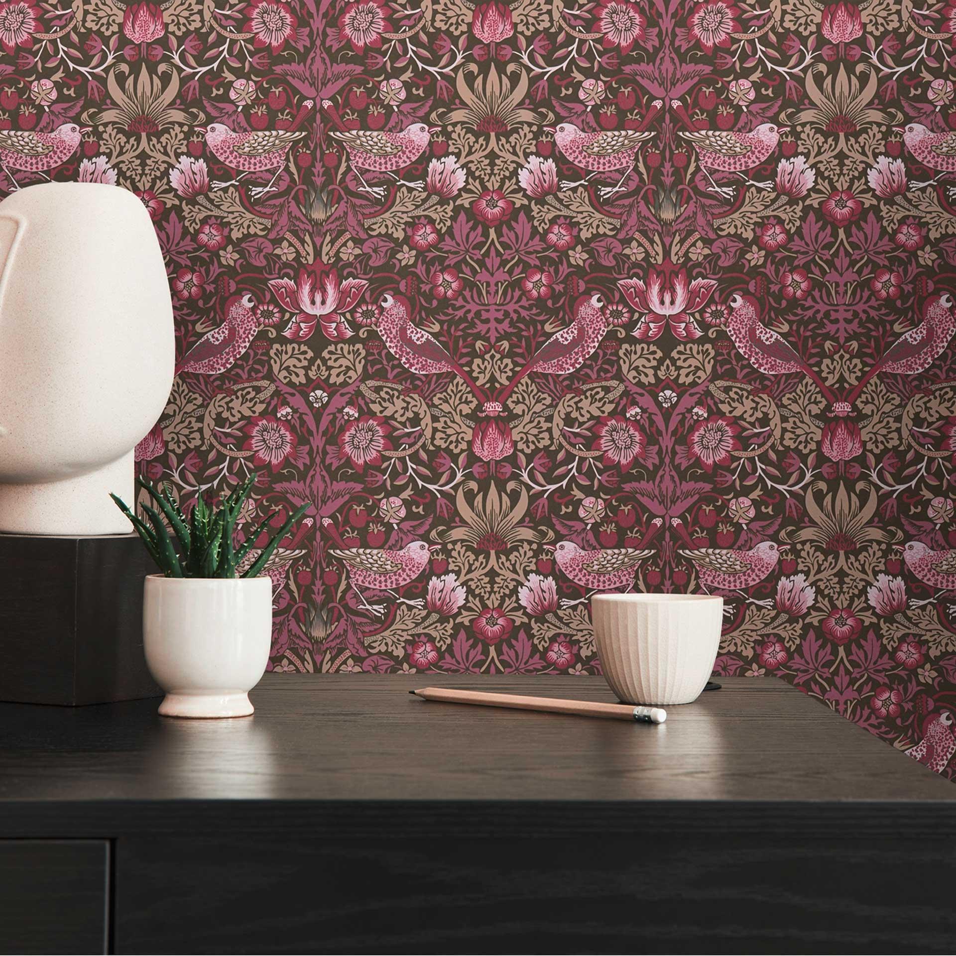 non-woven tapet med blomstermønster lilla rød - tapet med fugle og dyr