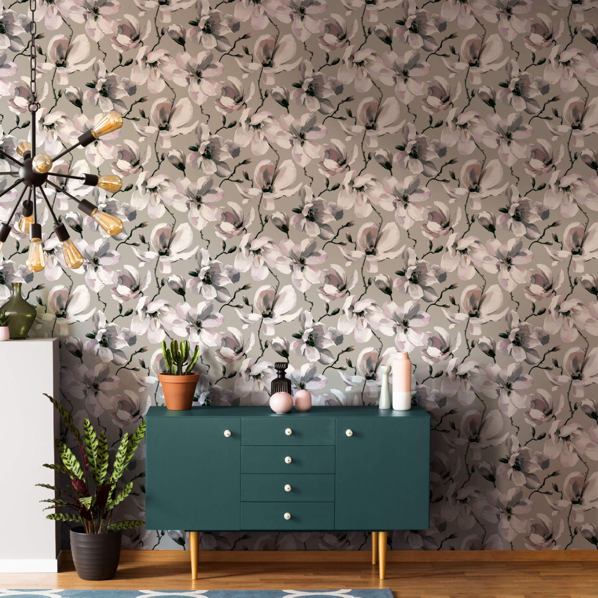tapet, non-woven blomstertapet Flora grå, beige