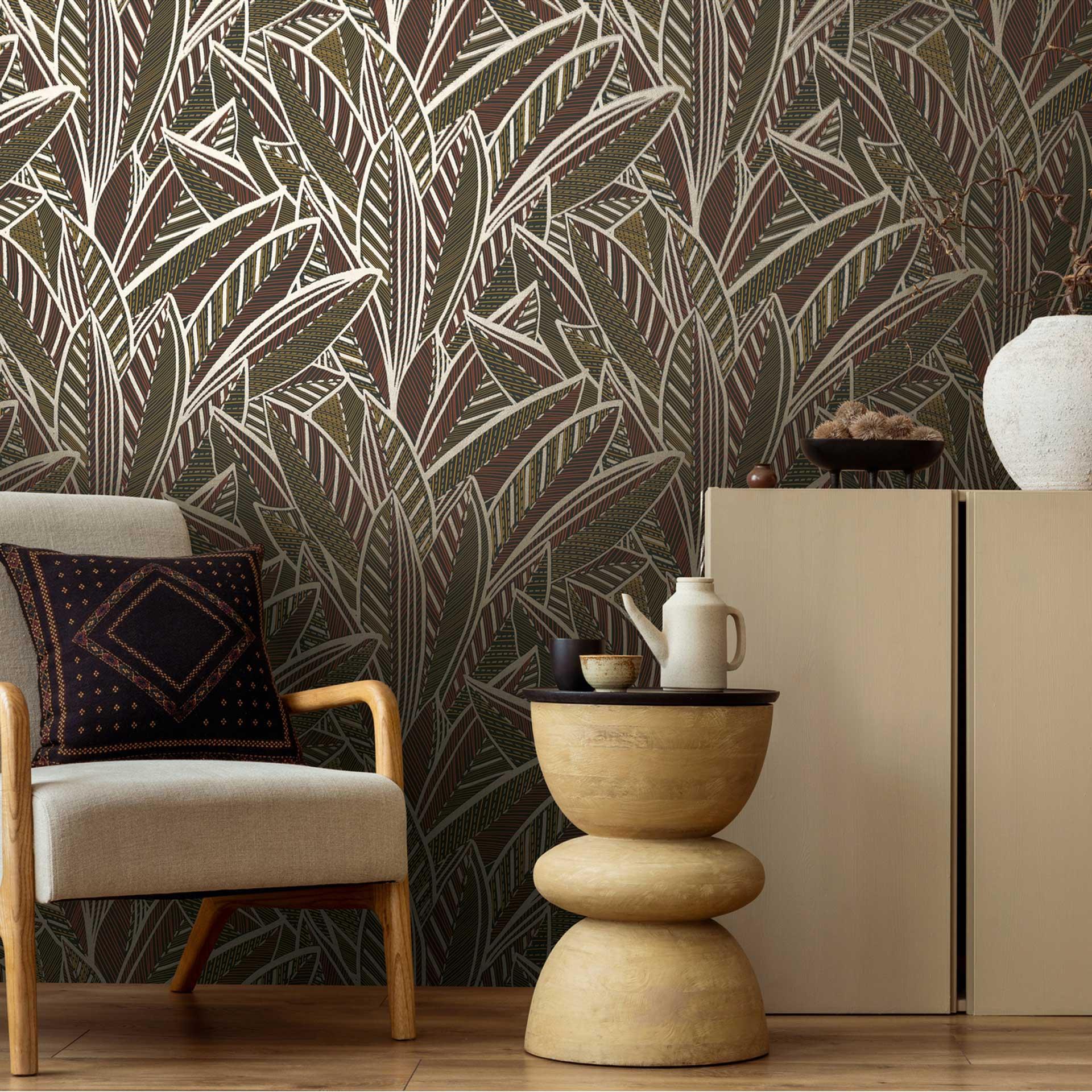 Papel pintado selva con motivo de hojas marrón negro oro - Papel pintado no tejido exótico moderno