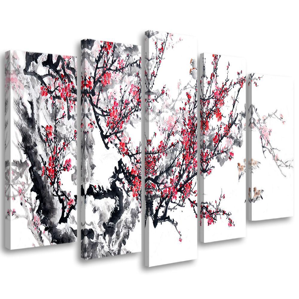 5 stykke lærredsprint, Cherry Blossom Japan Tree