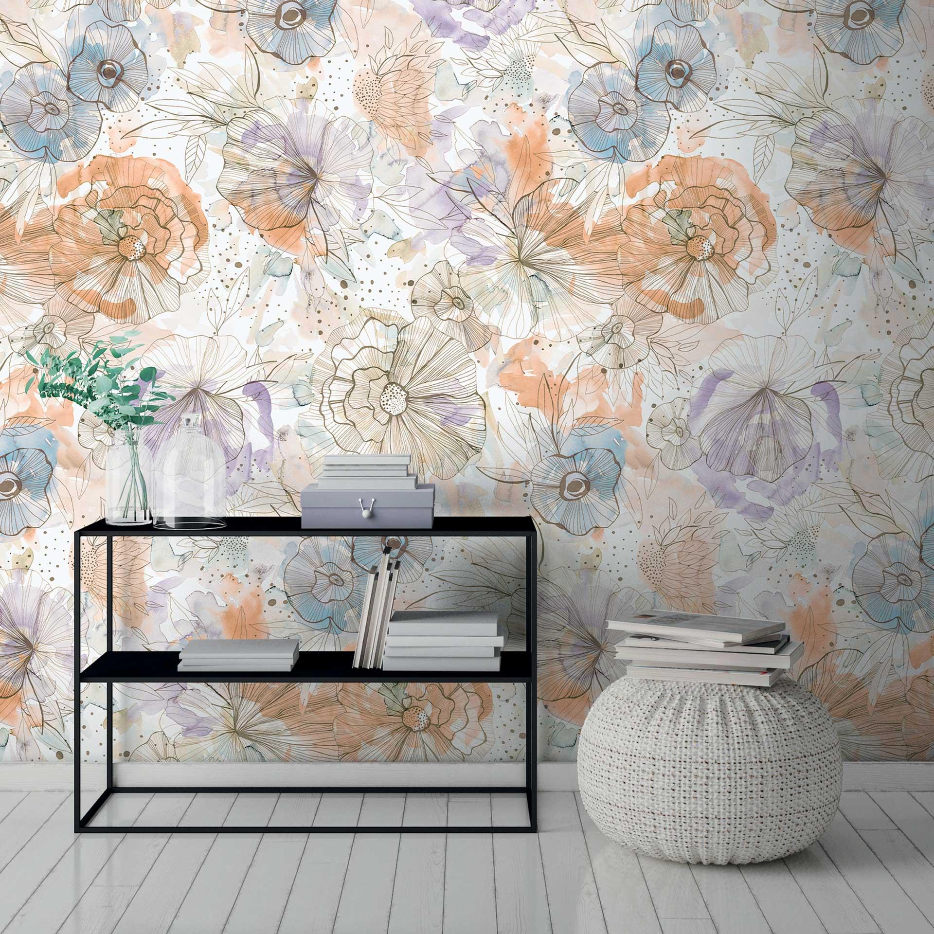 Ikke-vævet tapet med blomstermønster i pastelakvareller - Fototapet med blomster - Elegant