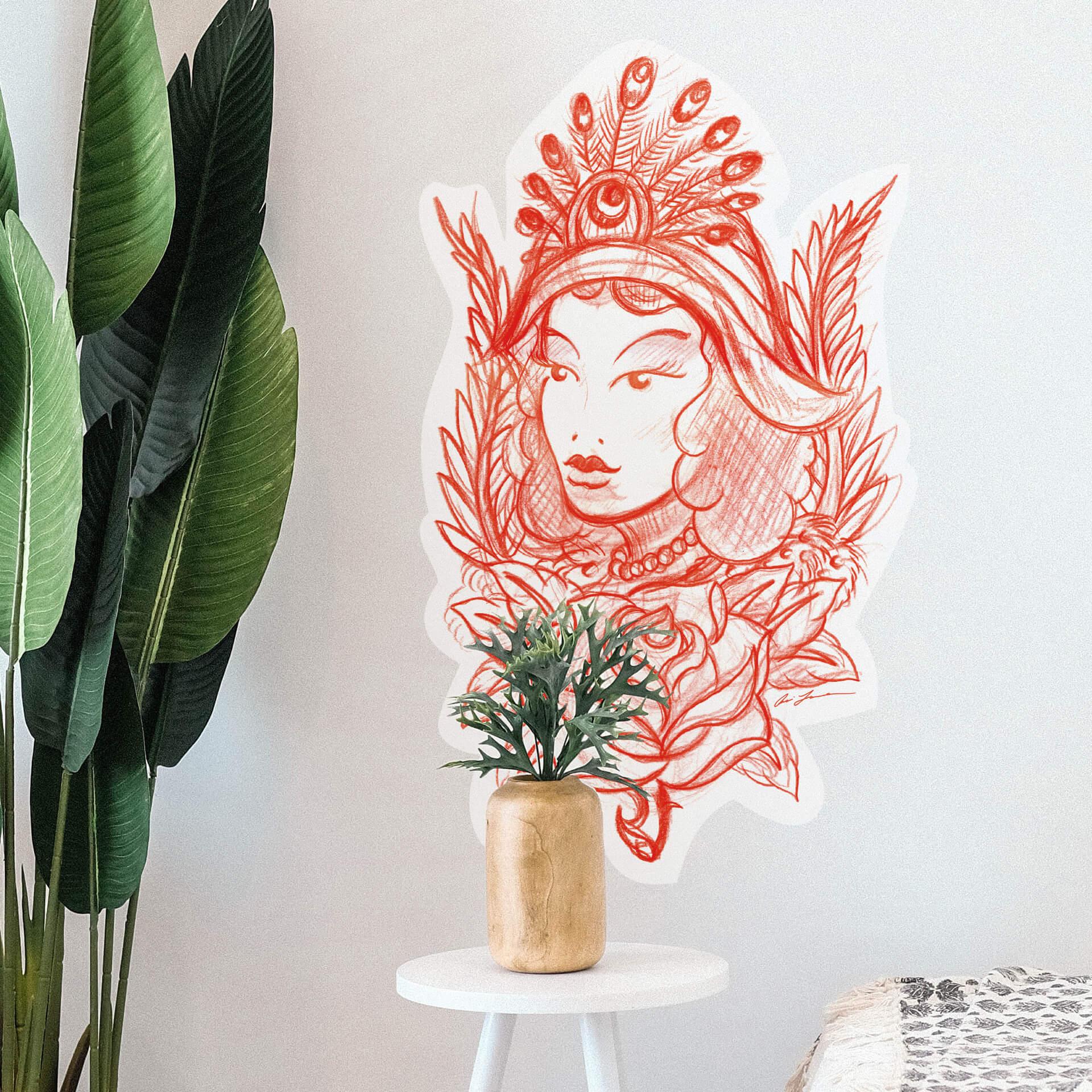 Sticker mural - Miami Ink - Femme et plume de paon