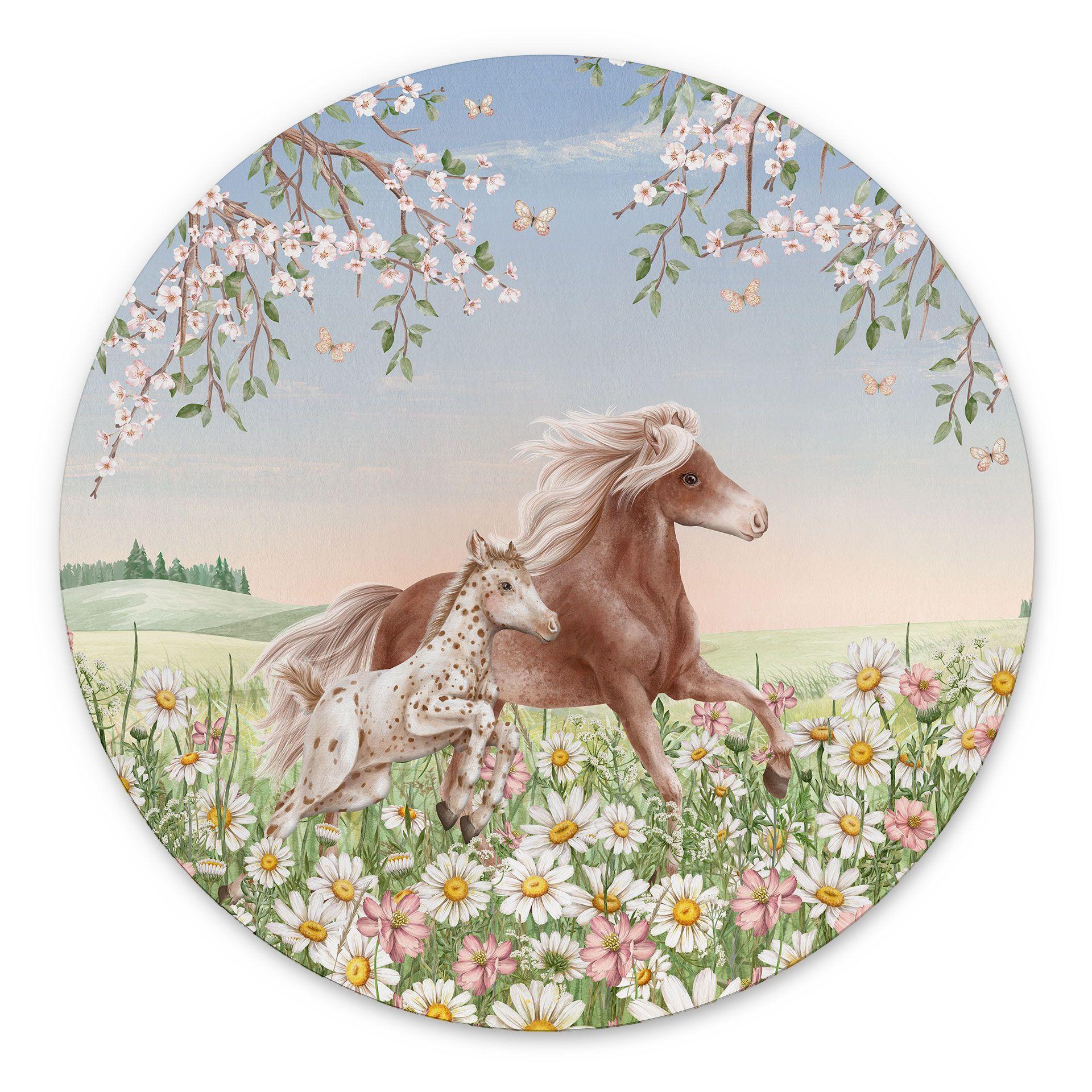 Billede Heste i blomsterengen - Kikki Belle - rund – print på aluminium (Alu-Dibond)