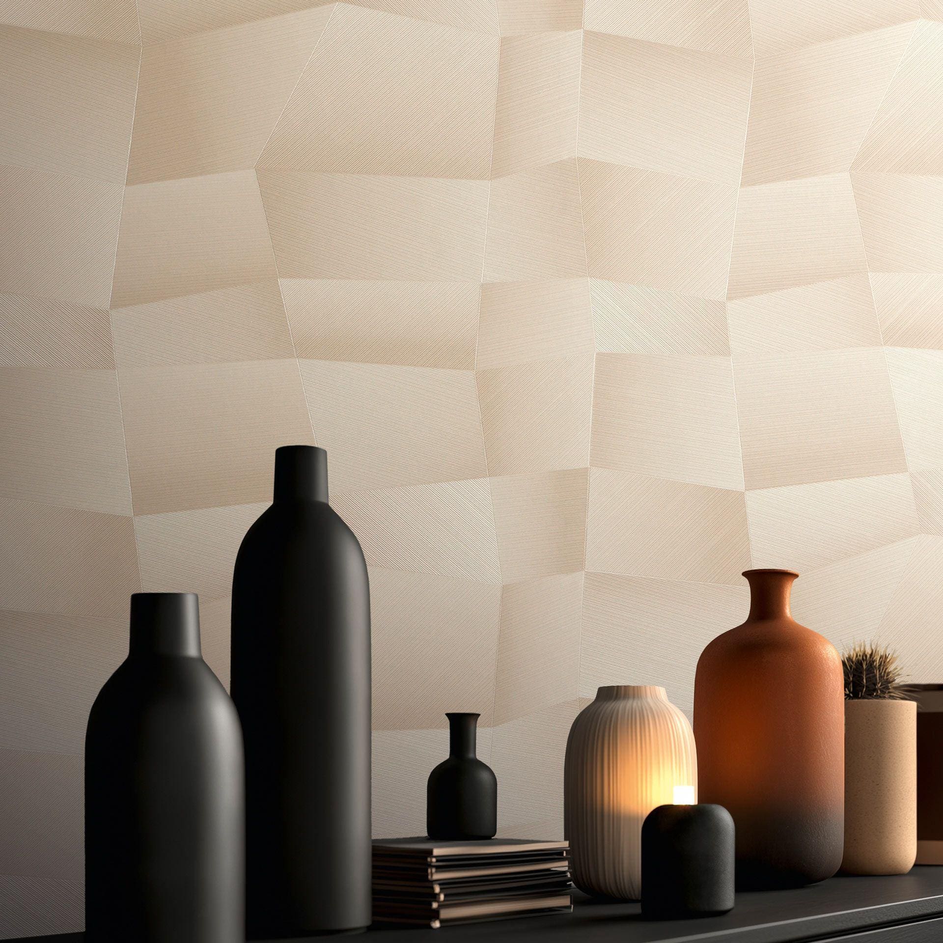Papier peint intissé Damian Refined Dimensions 3D géométrique beige crème - papier peint métallique 