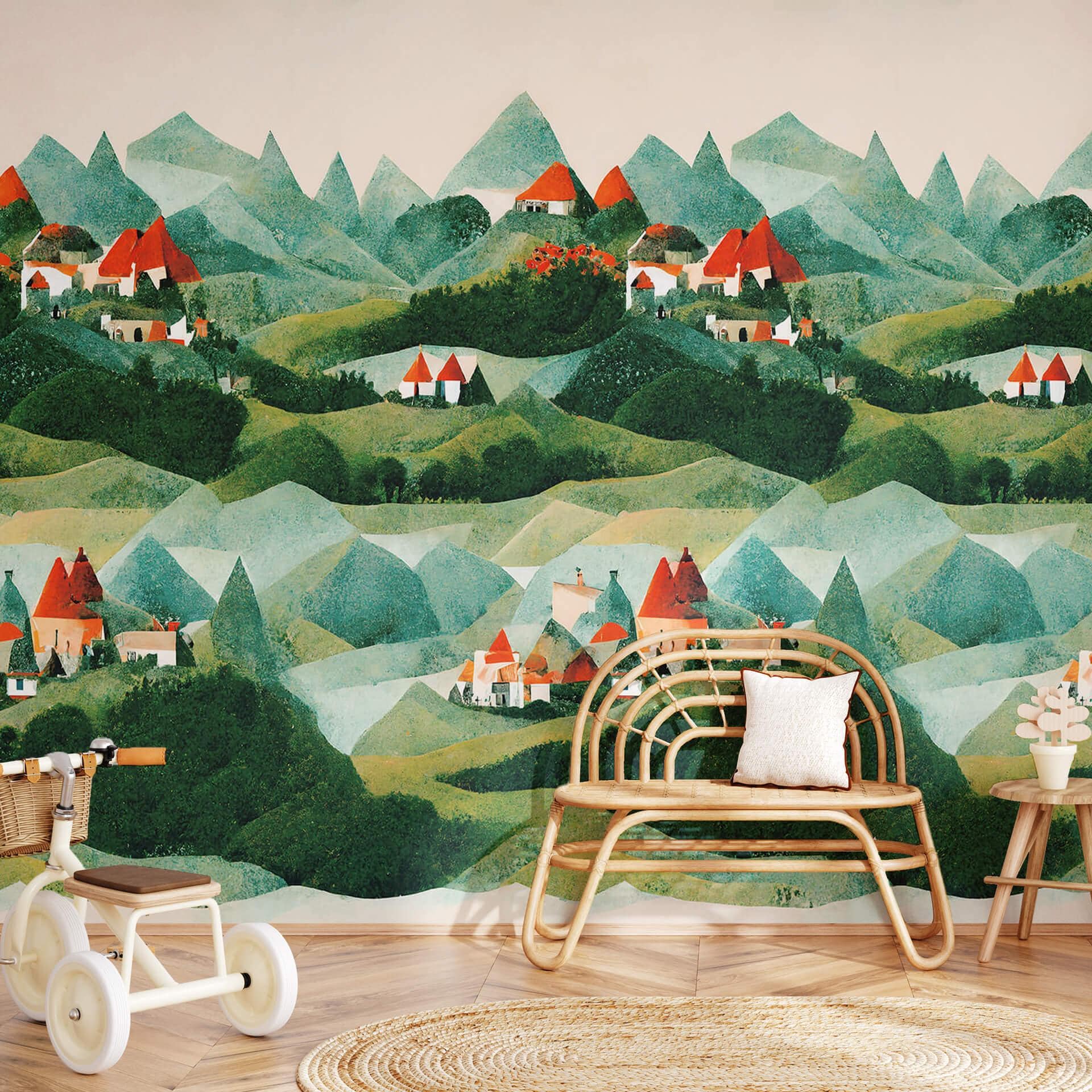 Fototapet Treechild - Small village in the middle of green hills