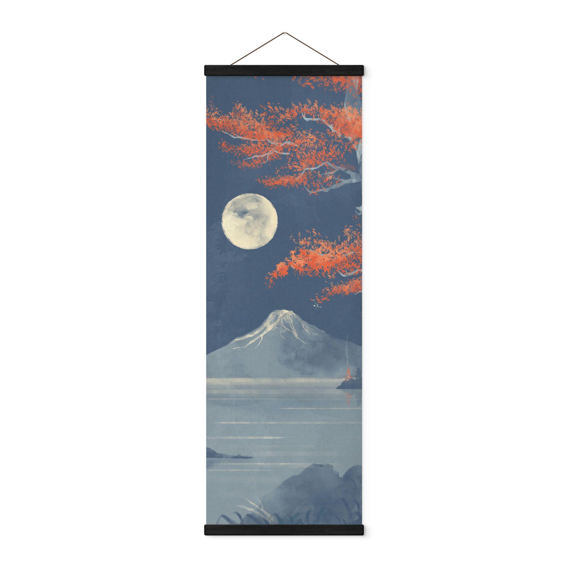 Póster de tela Luna llena sobre la cima del Fuji-san - Roze - Panorama