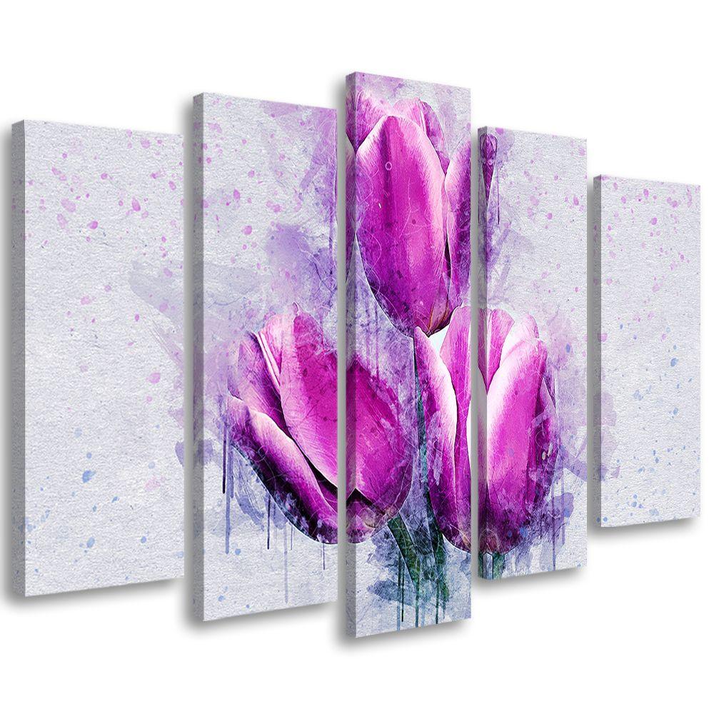 5 stykke lærredsprint, Tulipaner Blomster Pink