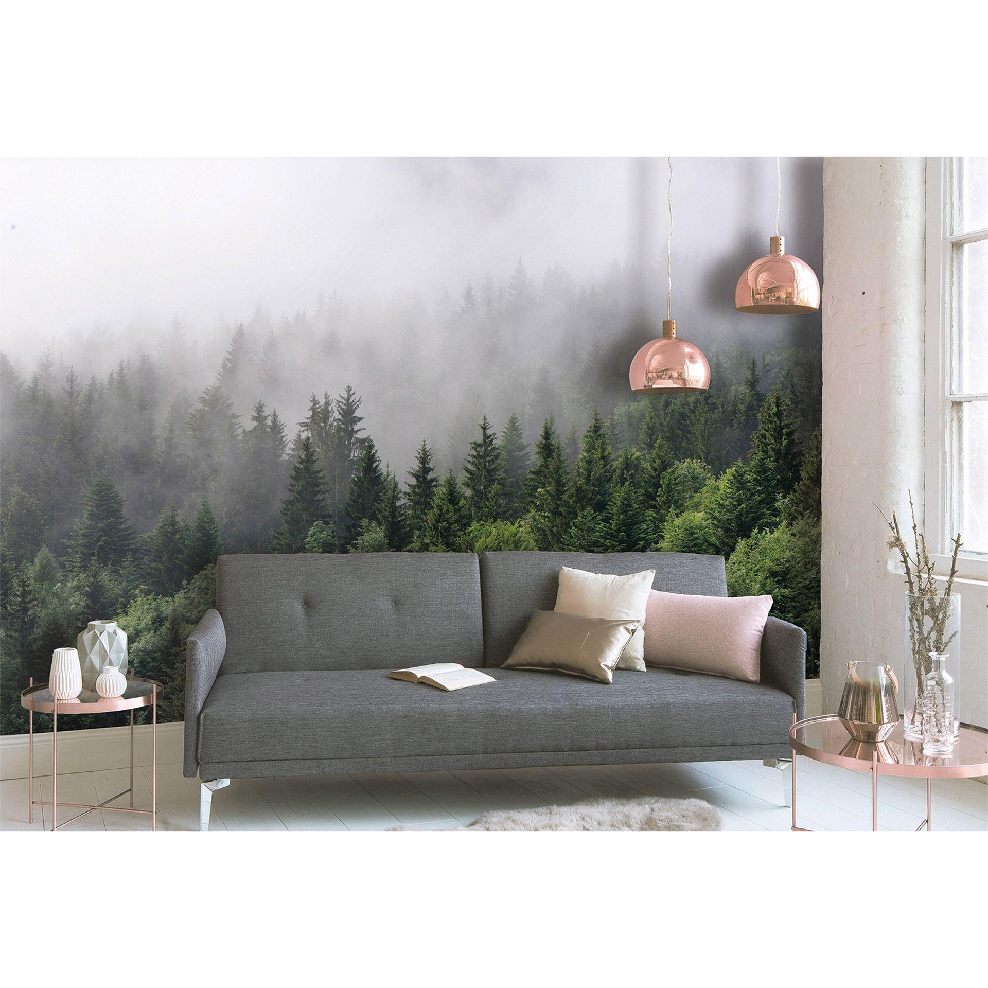 non-woven tapet FoggyFirTrees landskabstræ fototapet Designwalls i grøn og hvid 