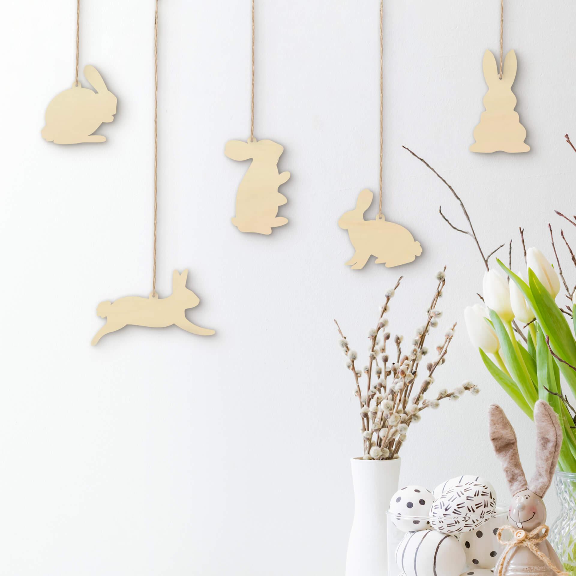 Décoration en bois à suspendre - Lapins - 5 pièces