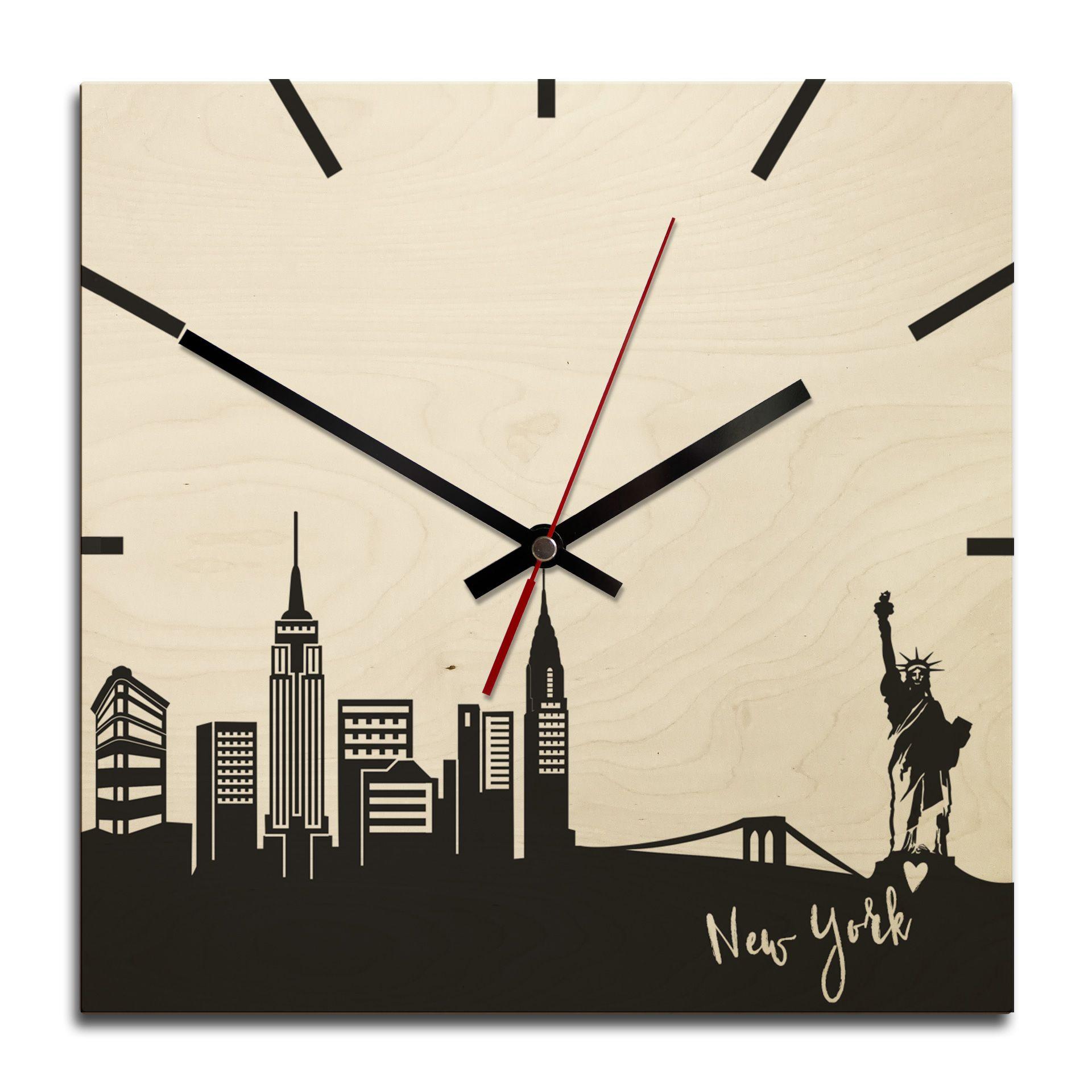 Horloge murale en bois - Skyline New York carré