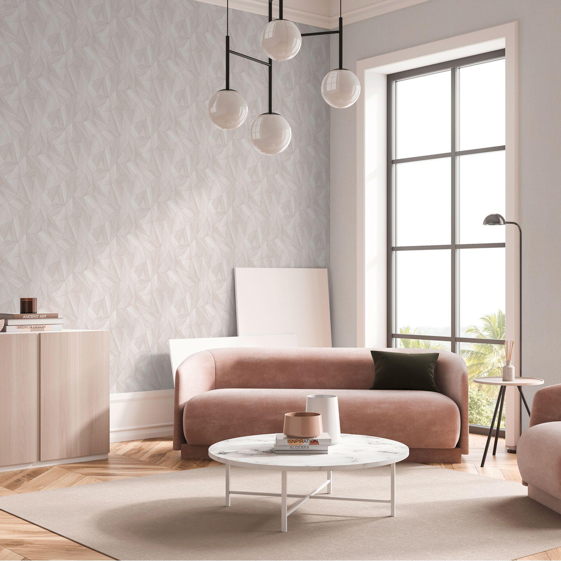 Geometrisk tapet trælook beige creme - Ikke-vævet tapet med struktur