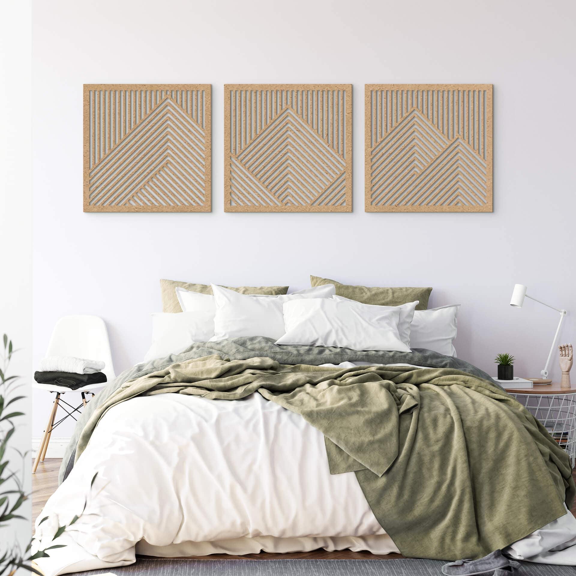 decoración mural 3D paisaje de montaña paneles murales motivo madera geométrico (3 piezas) - MDF nat
