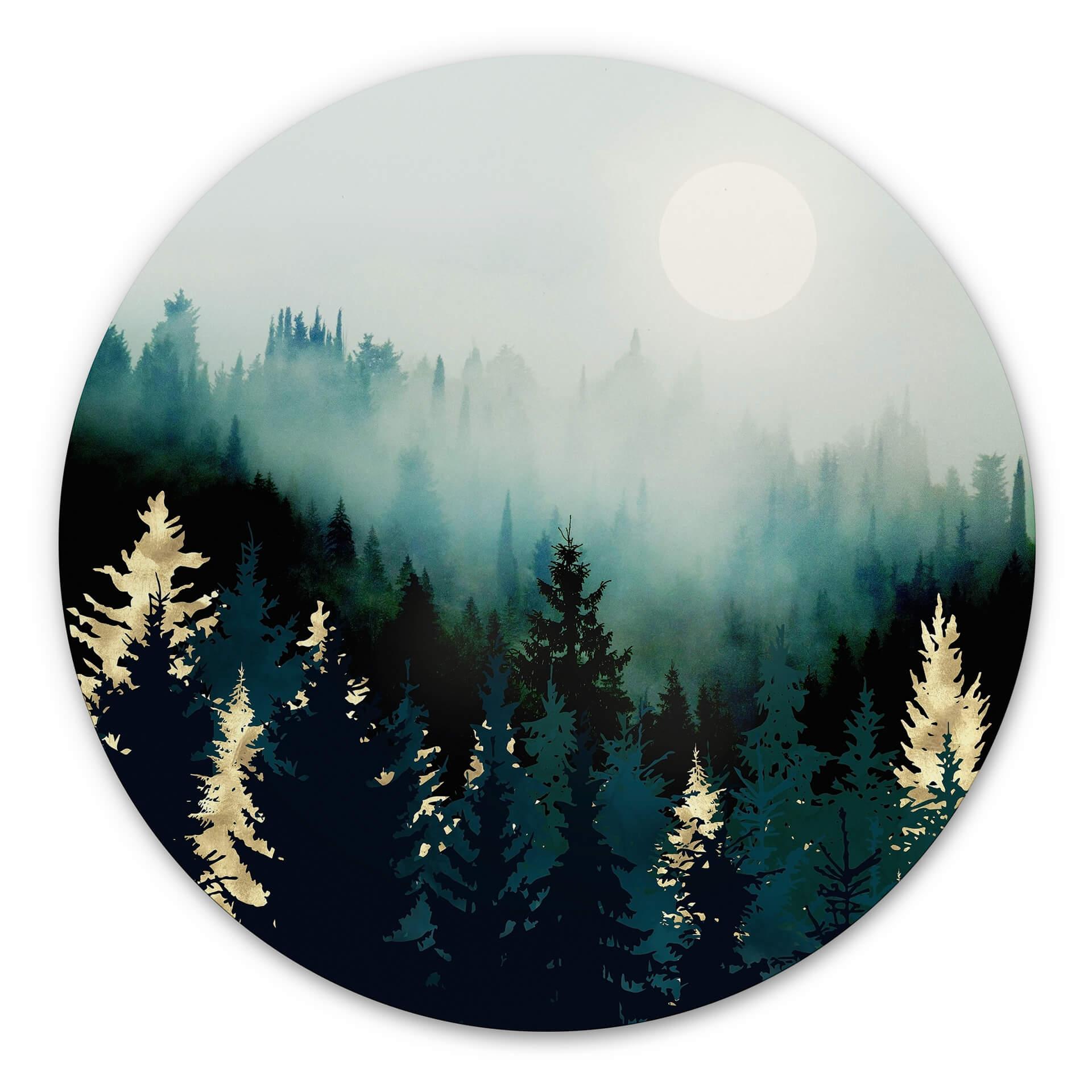 Tableau sur alu-Dibond rond SpaceFrog Designs - Forêt brumeuse