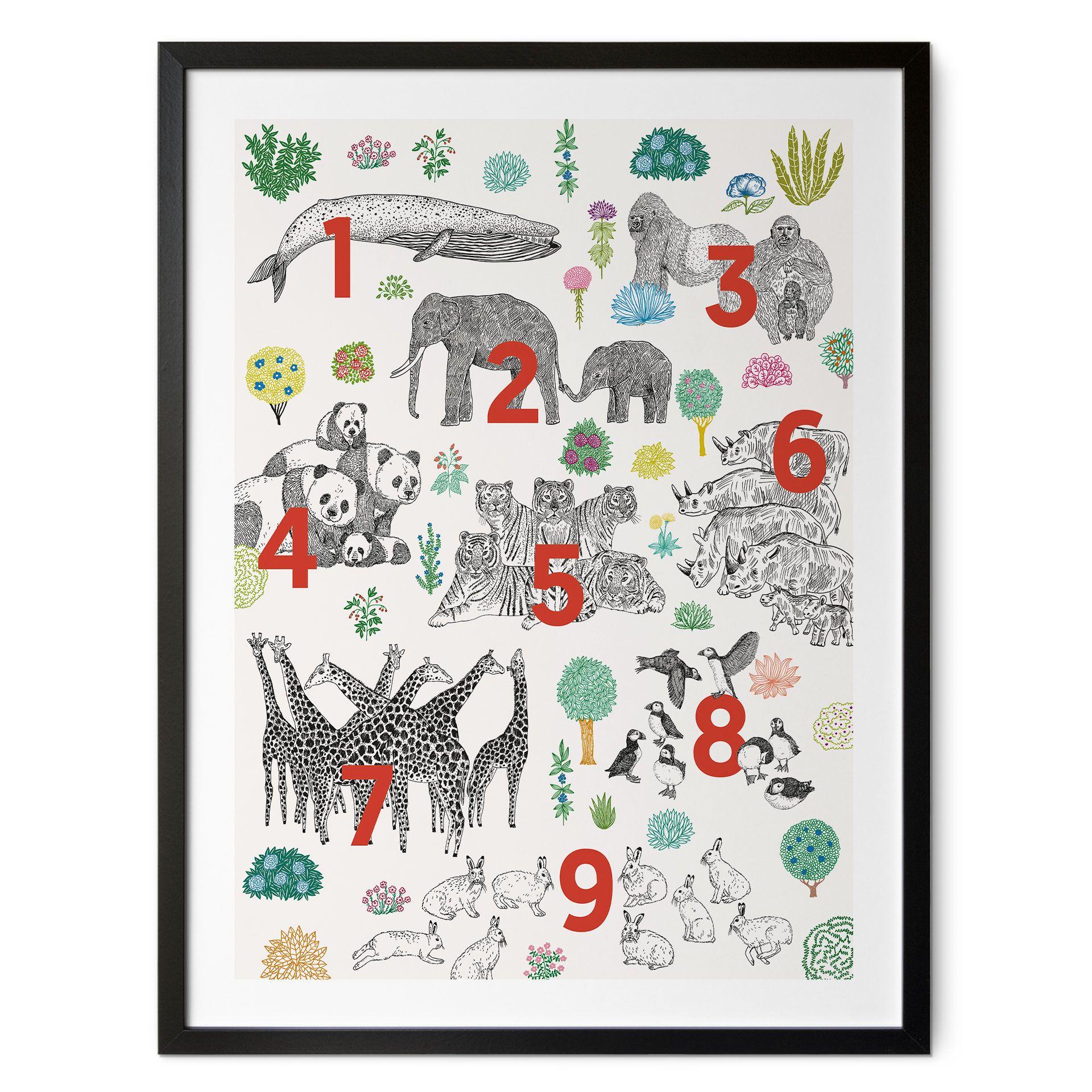 Ilustración de póster infantil de animales de zoológico con números - Walentynowicz