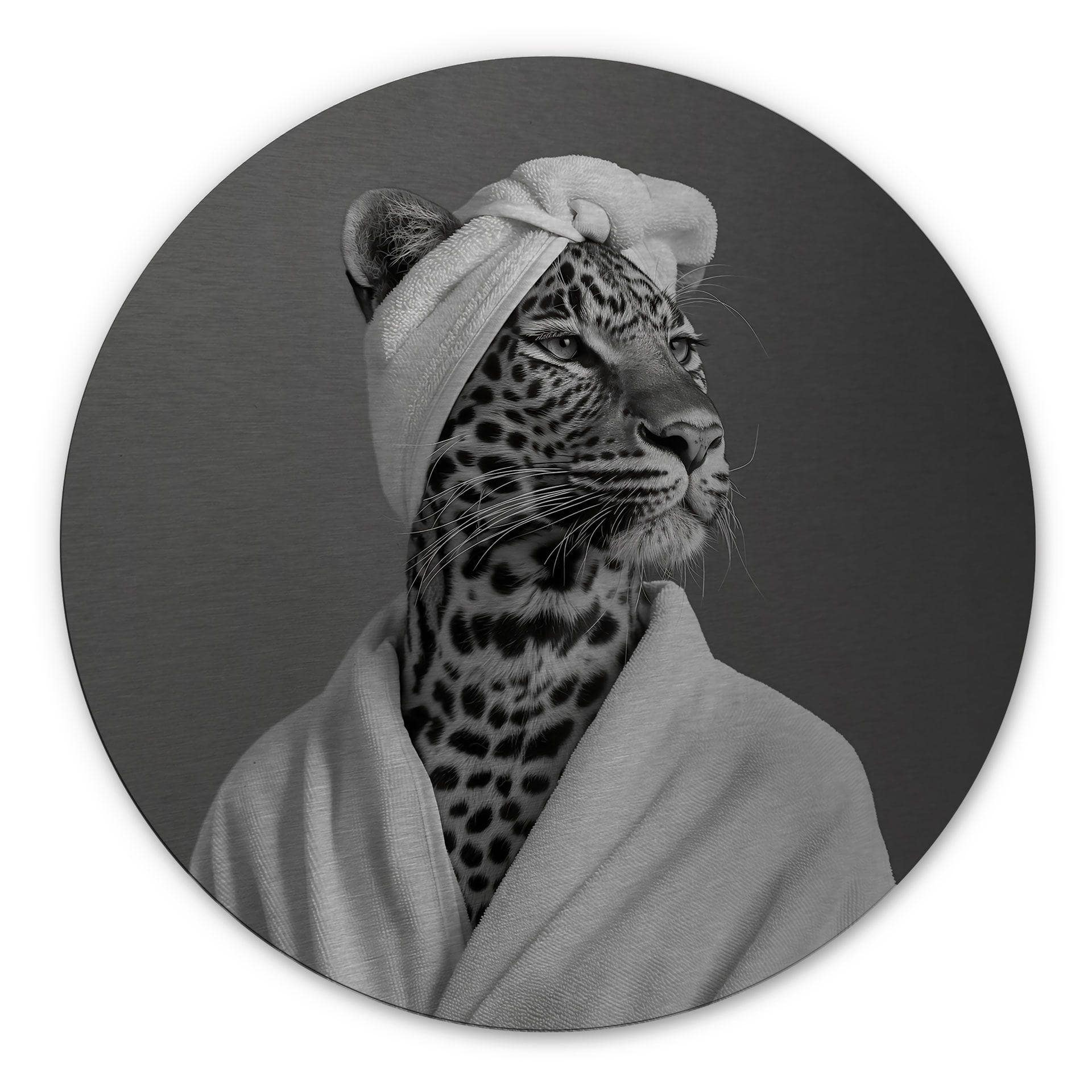 Billede med sølveffekt Royale Spa time-out med leopard - Rahner - rund – print på aluminium