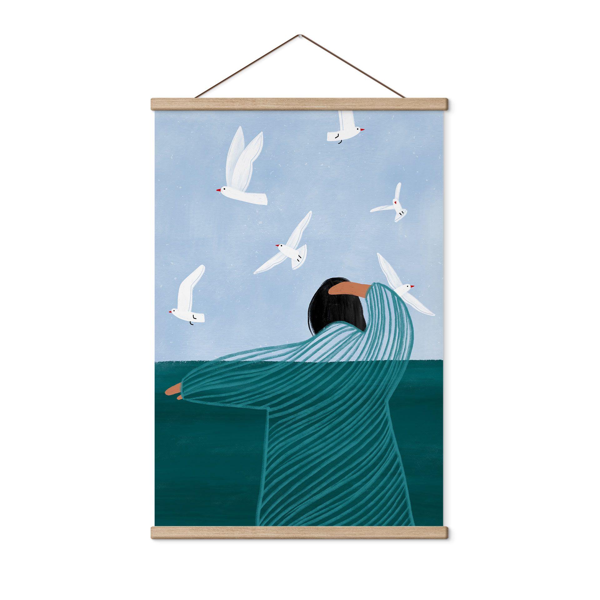 Tekstil plakat kvinde med måger ved havet - Müller