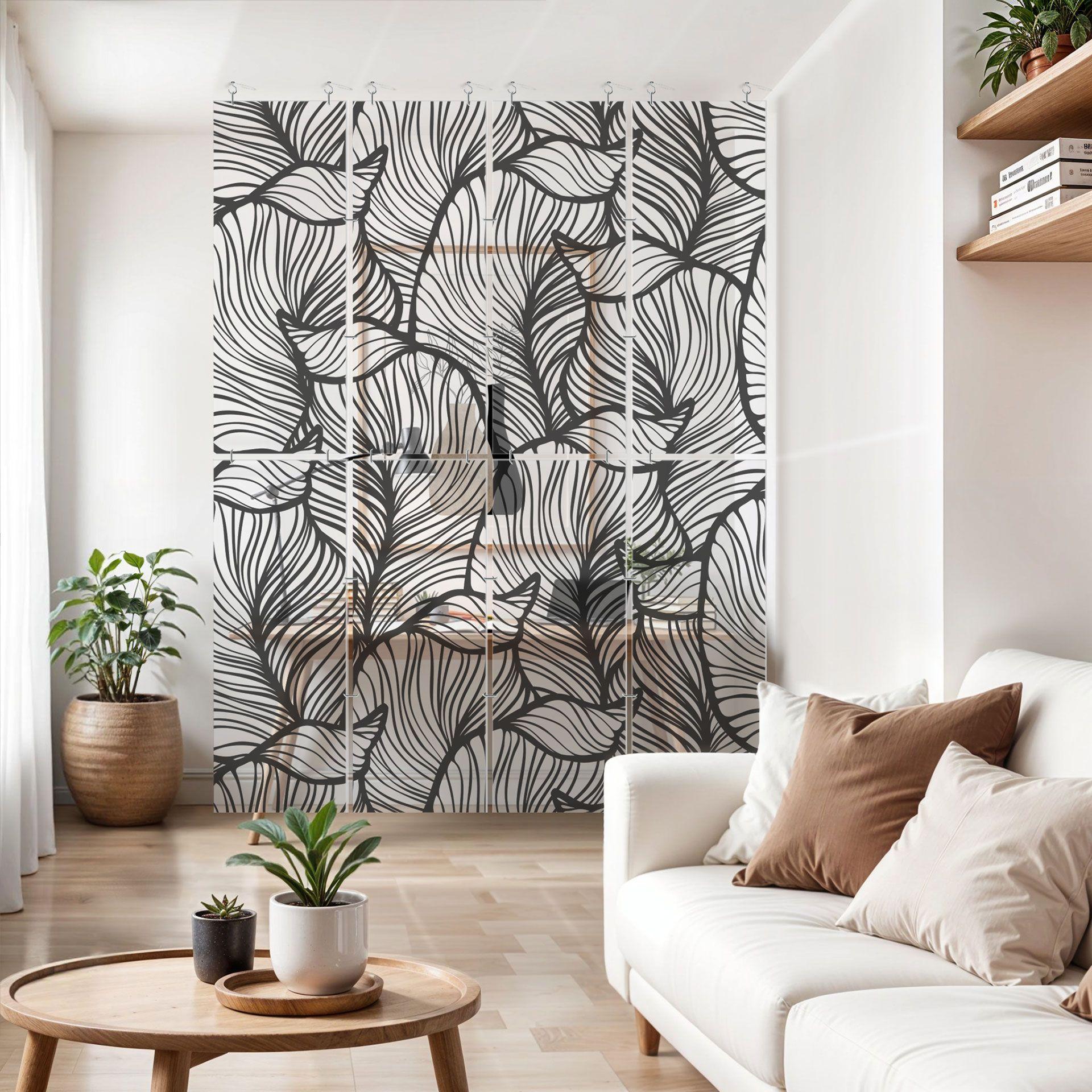 Separador de ambientes, biombo, pantalla de privacidad colgante Floral Line Art - hojas