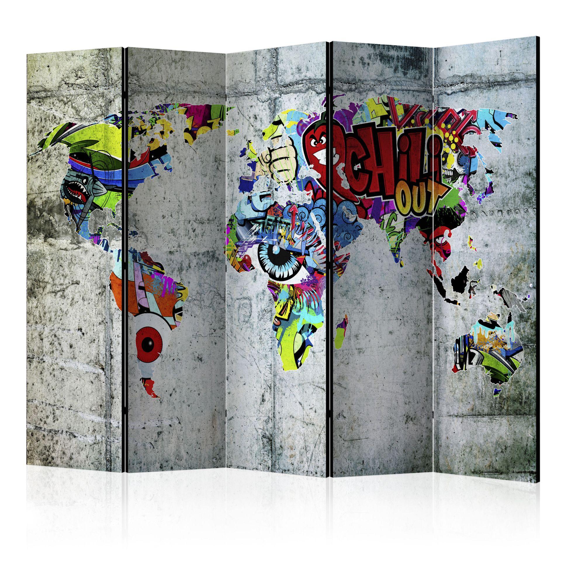 Skærm til rumopdeling - Verdenskort - Graffitiverden, 5-delt - 225x172 cm