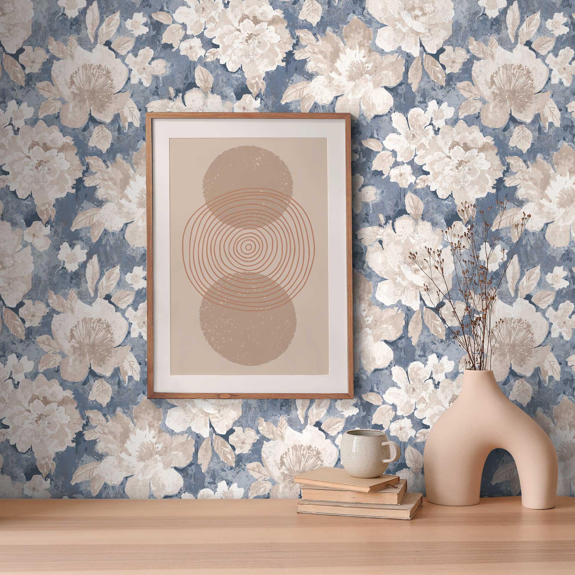 Blomstret tapet vintage blå beige - blomstret tapet retro look - ikke-vævet tapet