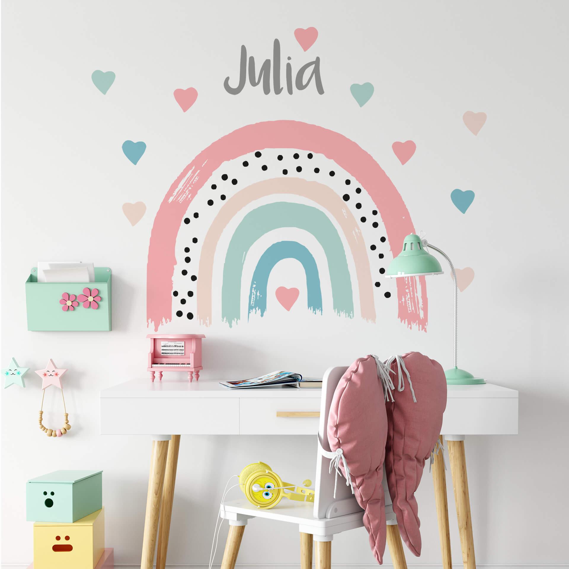 Muursticker Regenboog Pastel met Hartjes