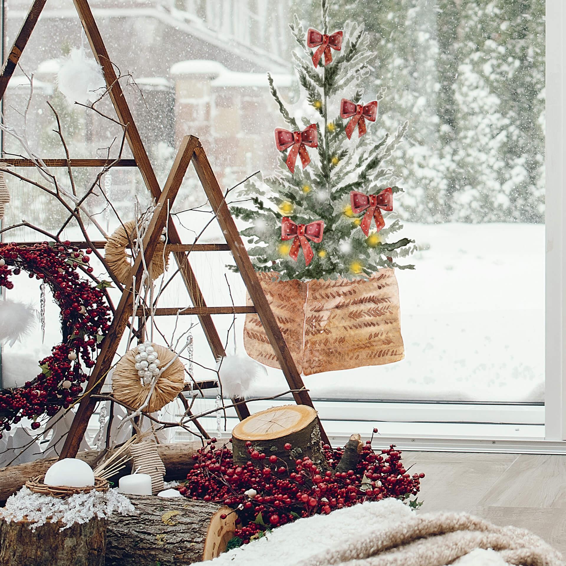 Cuadro de ventana Árbol de Navidad liso en cesta de mimbre