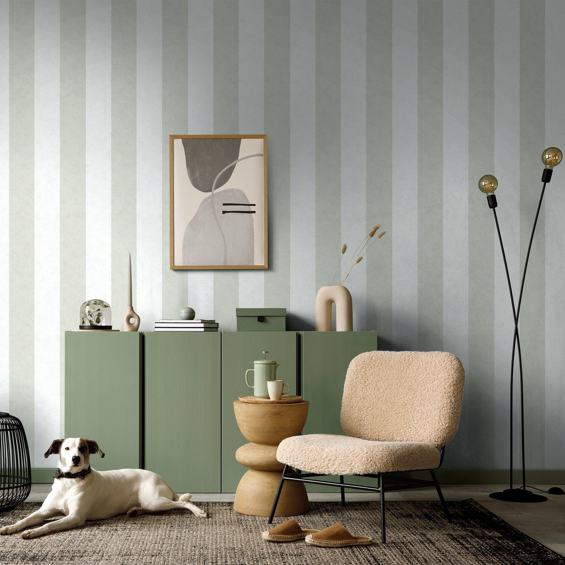 Stribet tapet, non-woven Shades Iconic hvid grøn