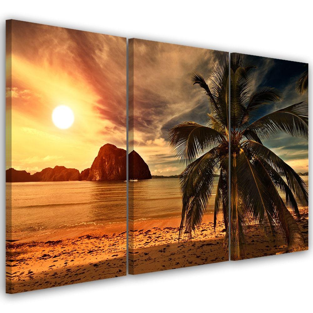 3 stykke lærred print, Sea Sunset palmer