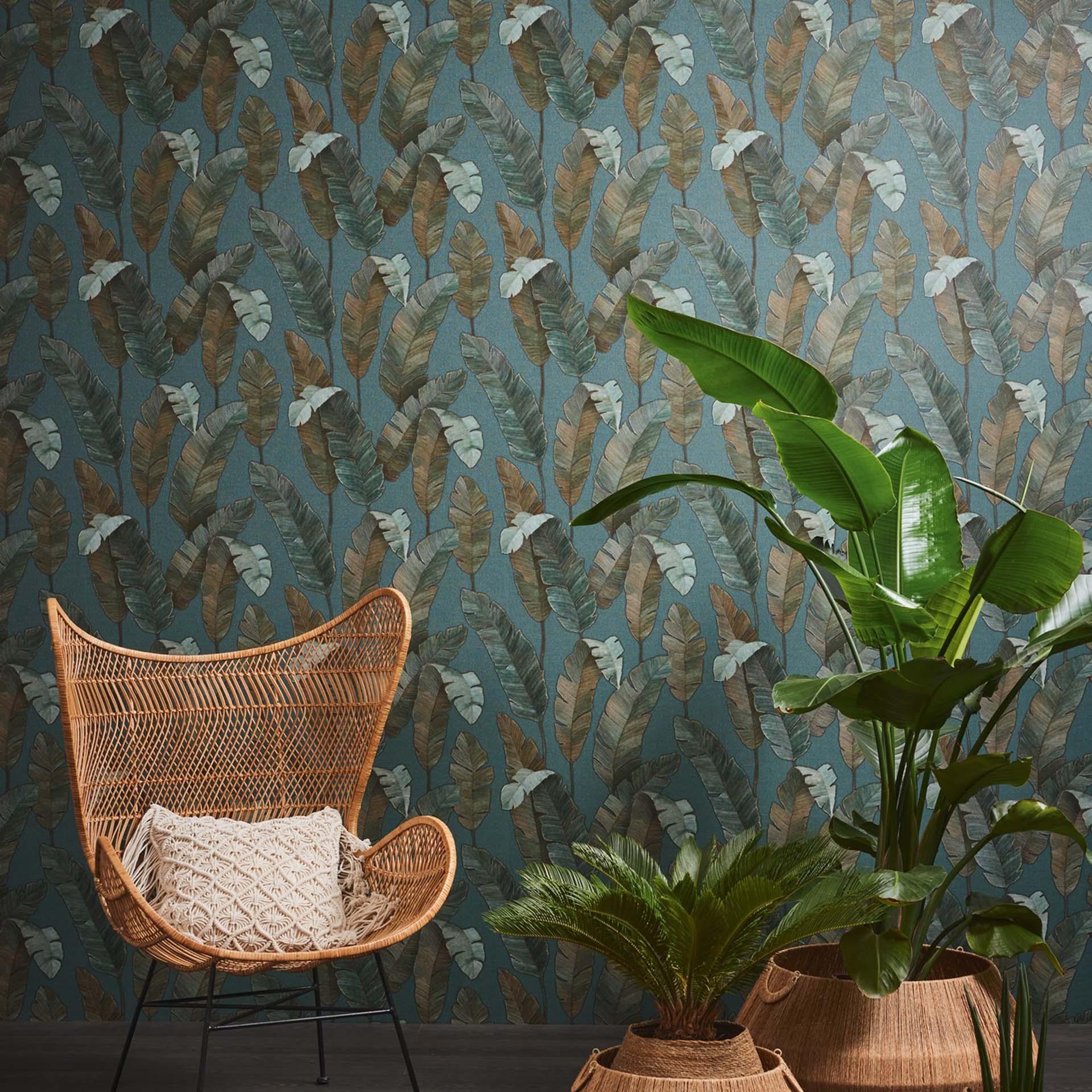 Papel pintado no tejido azul petróleo jungla papel pintado salón hojas de palmera