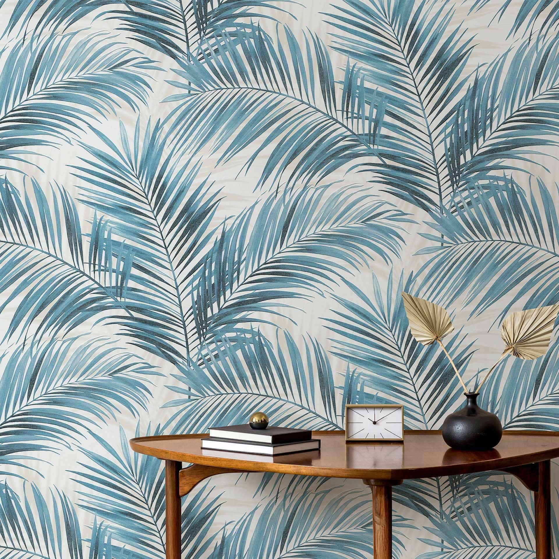 Papel pintado no tejido, papel pintado motivo hoja Cameo azul