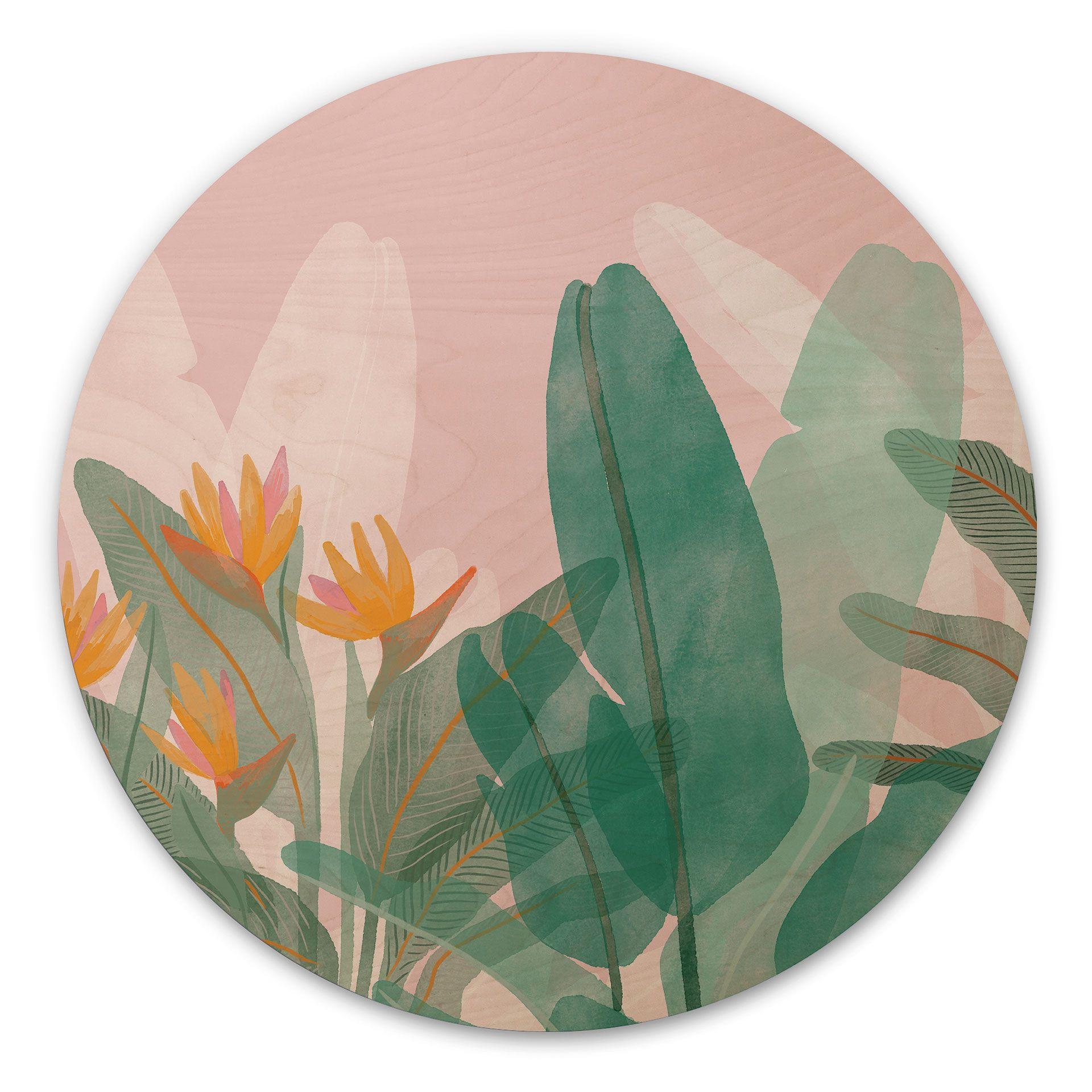 Cuadro de madera ilustración botánica en verde y rosa - Goed Blauw - Redondo