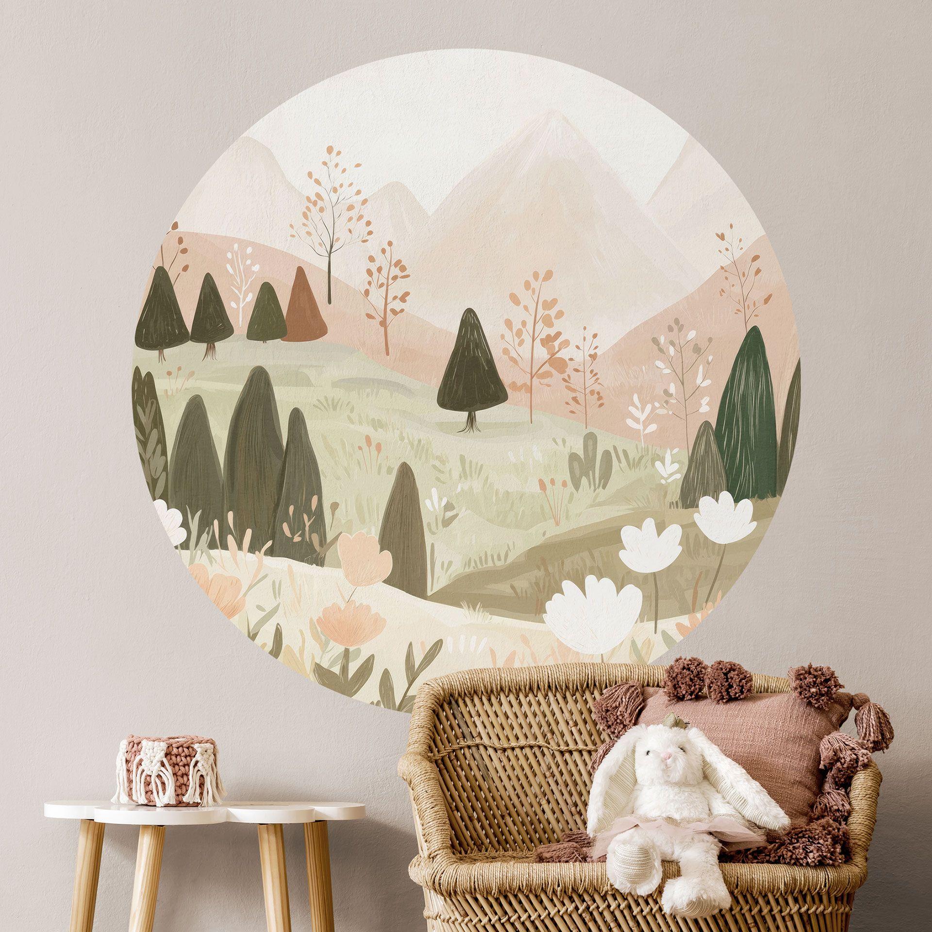 Wallsticker pastelfarvet bjerglandskab med blomster - Treechild - Rund