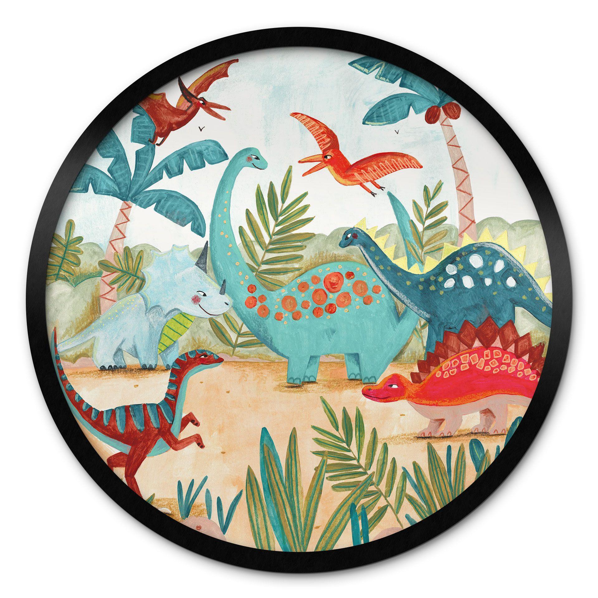 Børneplakat Farverige dinosaurer i urskoven - Bonne Müller - Rund