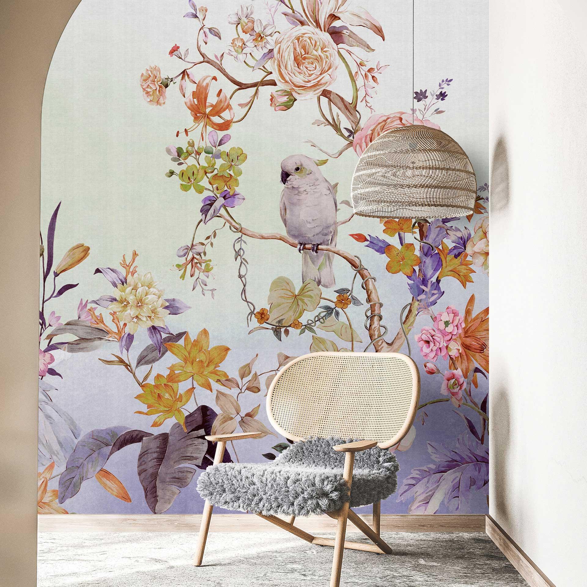 Blomstertapet med fuglemotiv - delikat non-woven tapet i akvarel-stil