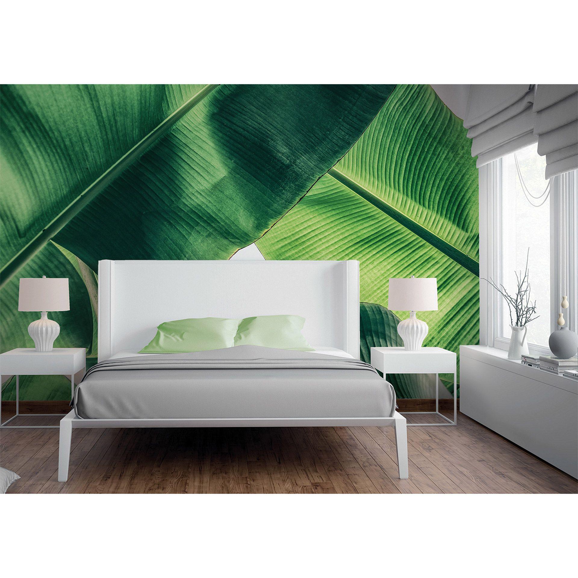 Grønt og hvidt non-woven tapet Designwalls BrokenLeaf palmetræer jungle