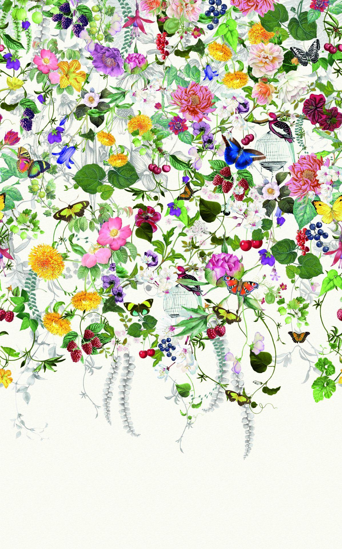 Fototapet med motiv Farverig blomstereng med sommerfugle og fugle 3,4 x 2,12 m