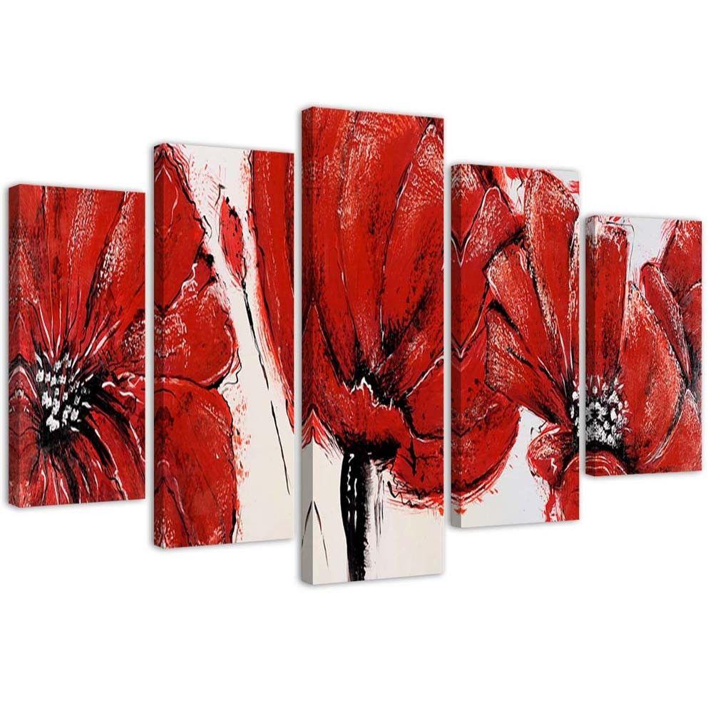 Lærred print 5 styk, Røde akryl blomster