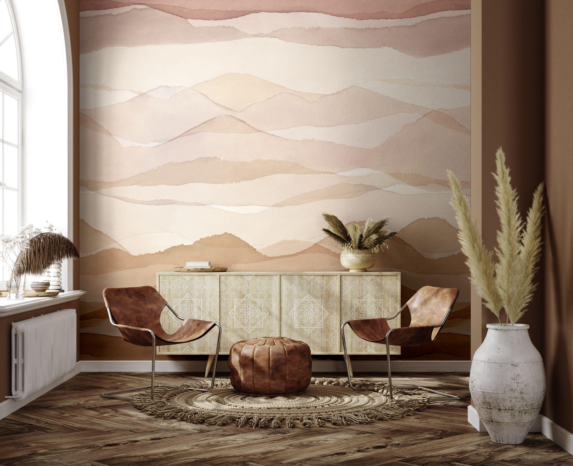 Fototapet med bjergmotiv i akvarel i beige og rosa med blød farvegradient 3,4 x 3,18 m
