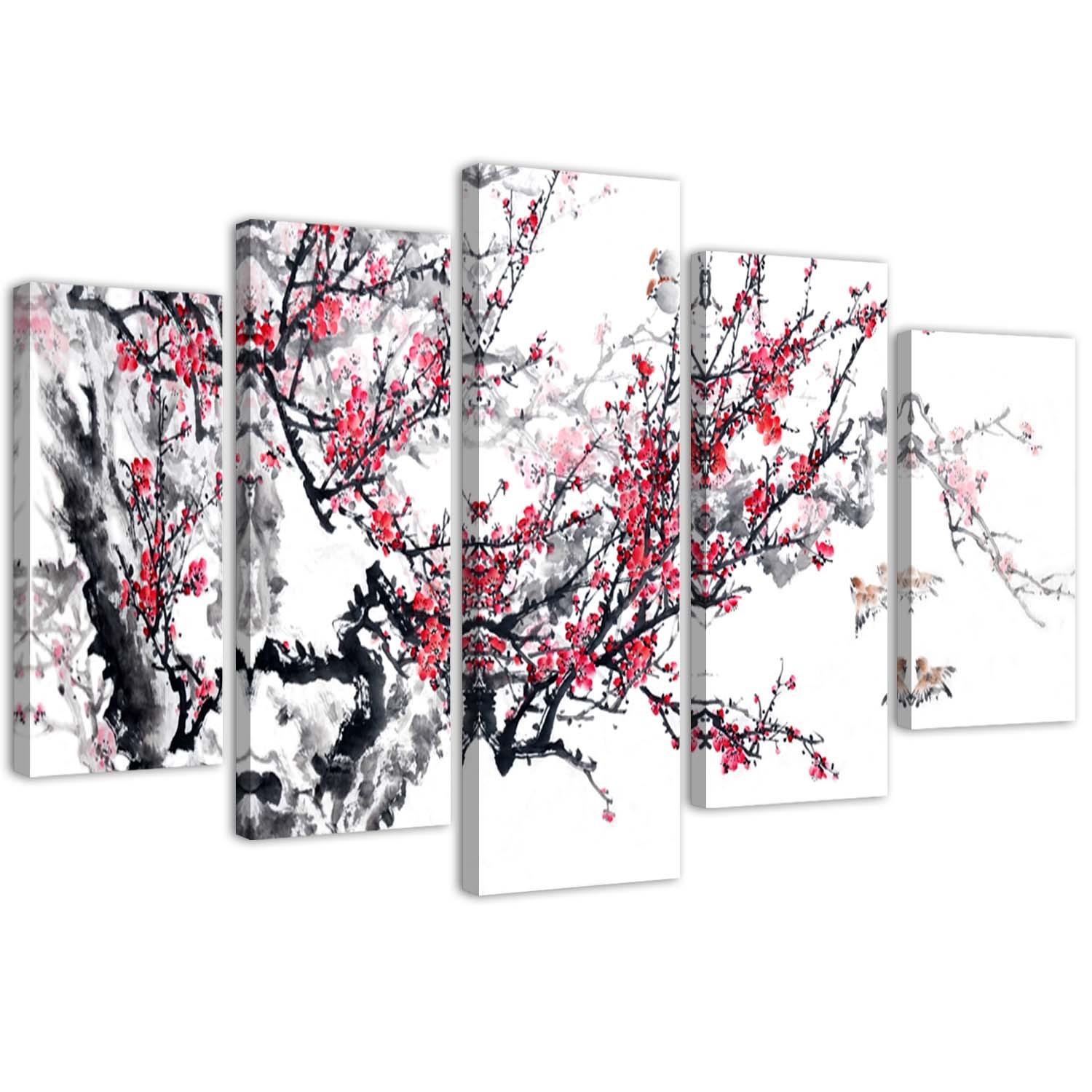 5 stykke lærredstryk, japansk kirsebærblomst