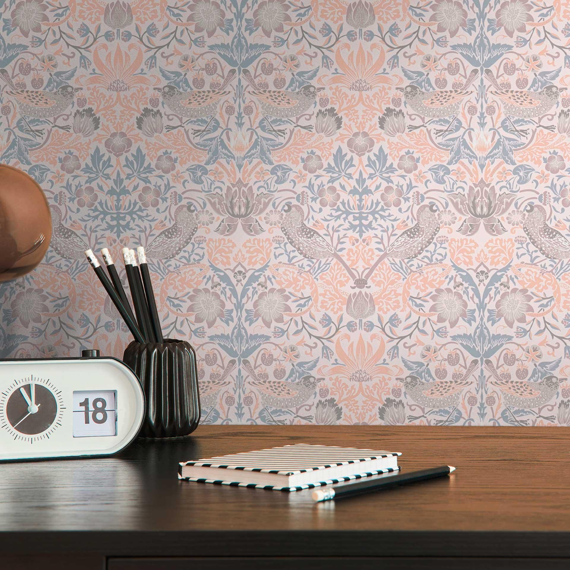 Papel pintado no tejido con Muestra floral beige gris - papel pintado con pájaros y animales