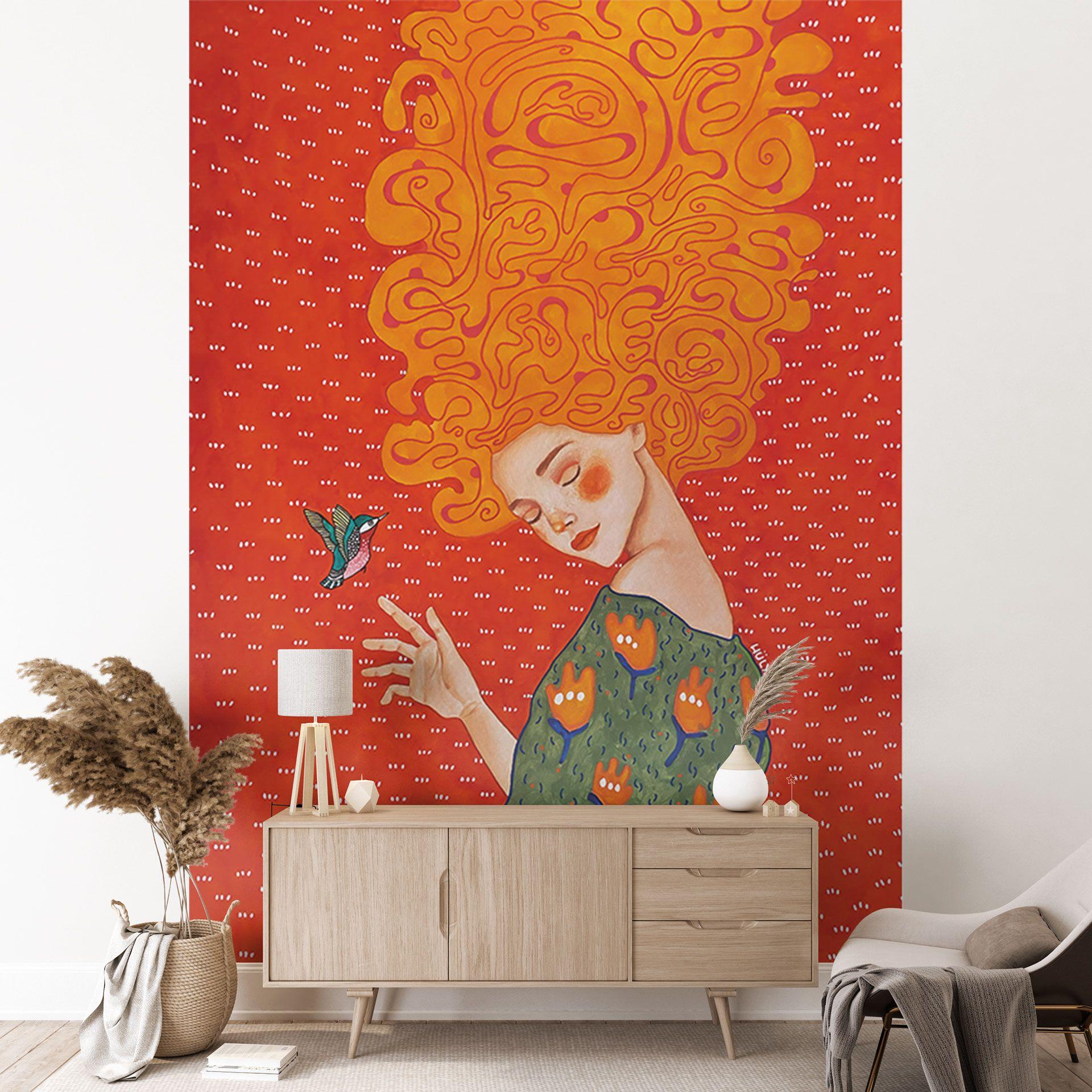Papel pintado Colibrí y mujer en luz roja - Hülya